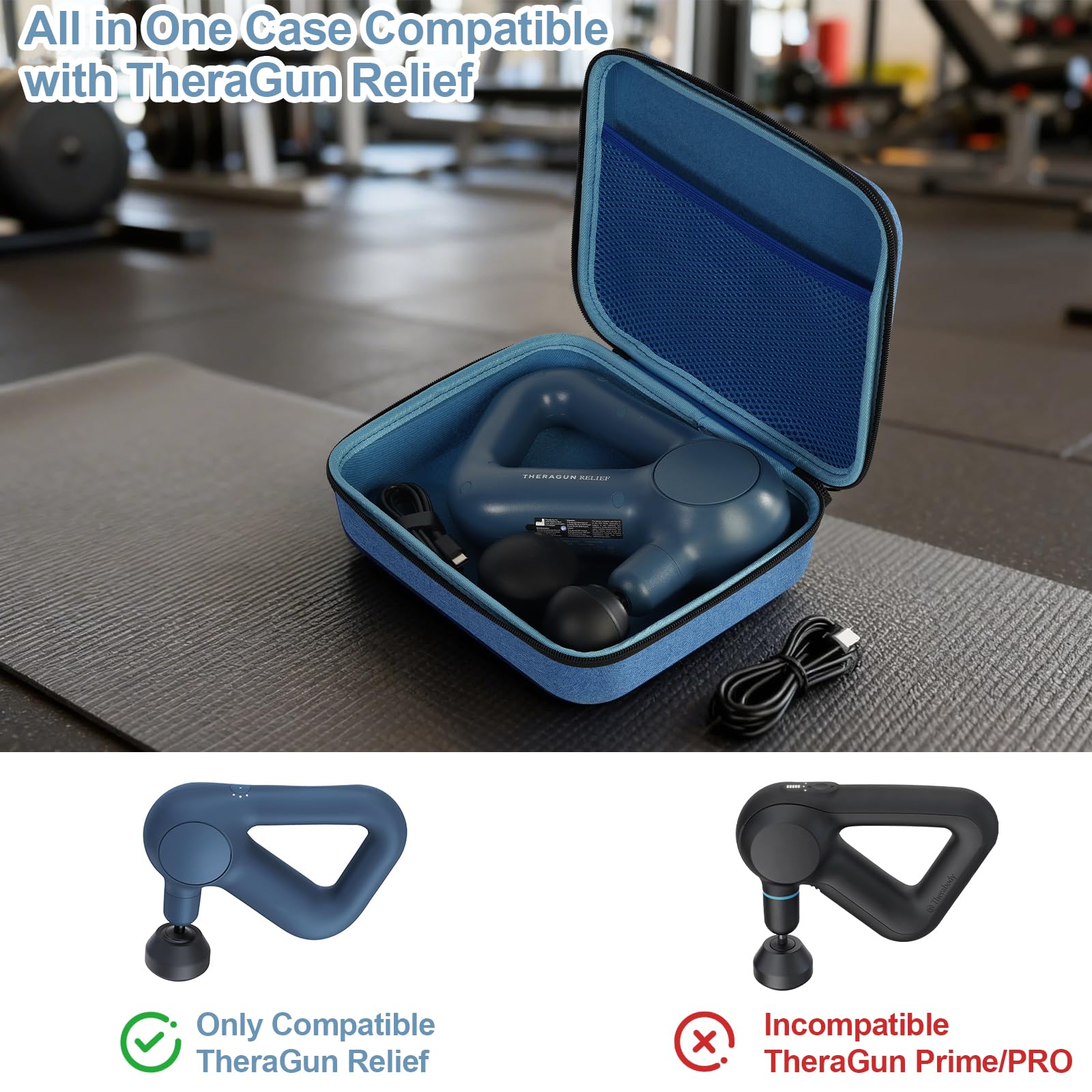 Funda rígida para pistola de masaje compatible con pistola de masaje de percusión de mano TheraGun, bolsa de transporte portátil con bolsillo de malla para cables y otros accesorios, azul (solo funda)