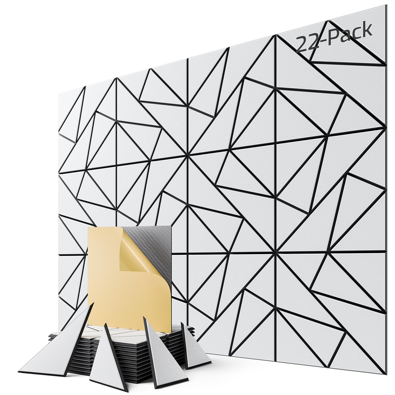 22-Pack Felt Acoustic Panels,12"x12"x0.4" Soundproof Wall Panels, Peel &amp; Stick Sound Proof Foam Panels for Walls, Geometric Noise Reduction Panels for Home Office,Studio (White on Black)