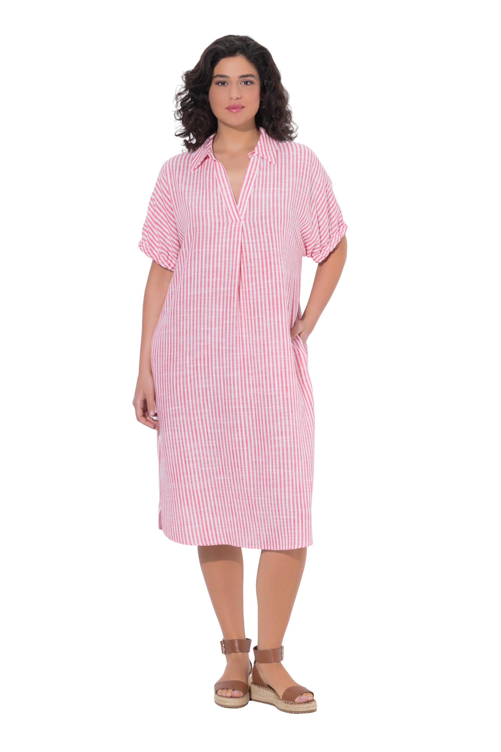 Ulla Popken Damen große Größen Übergrößen Plus Size Leinenmix-Kleid, Streifen, Oversized, Hemdkragen, Halbarm 839745