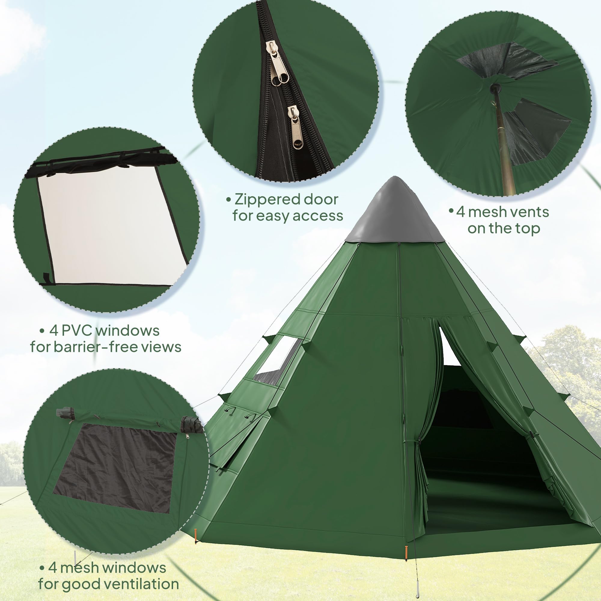 Outsunny Tente Tipi pour 6 hommes, avec fenêtres en maille, sol cousu, deux portes et sac de transport, installation facile, pour randonnée, pique-nique, nuit en plein air