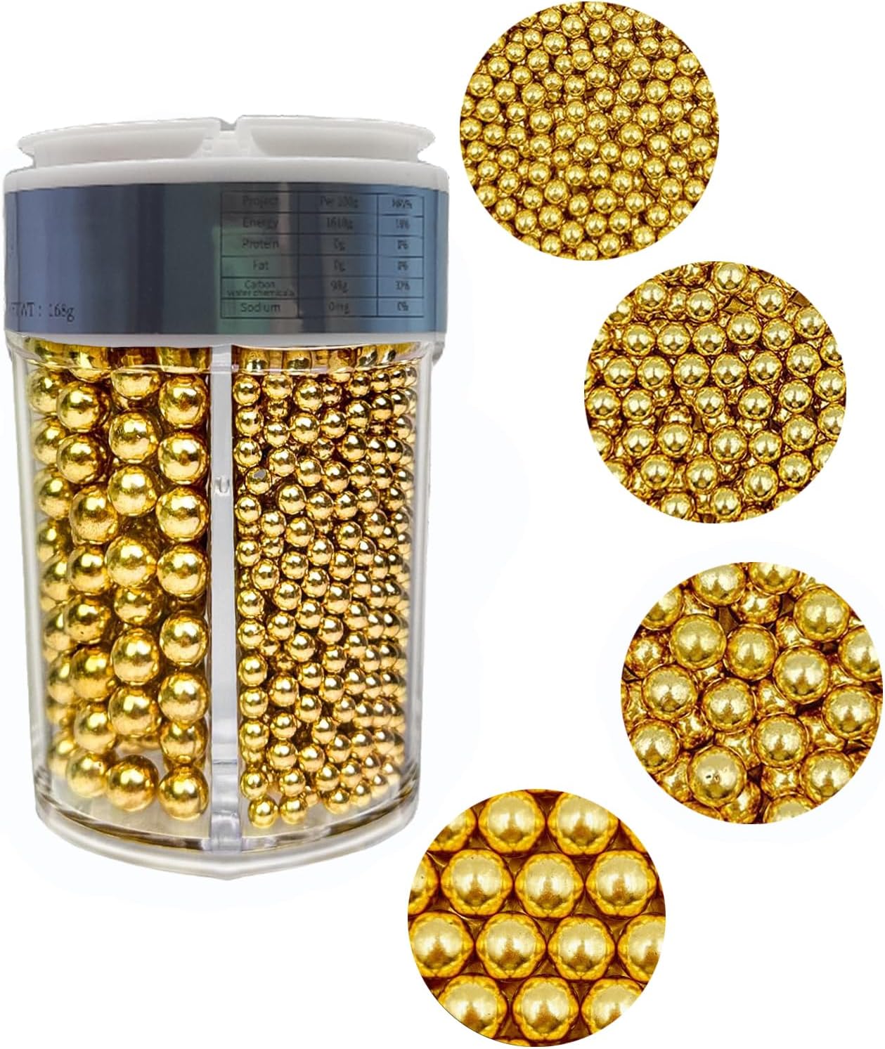 4 in 1 Super Gold Pearl Sugar Sprinkles 6 oz, 4 sizes Candy Pearls Ideal for Baking, Cake and Cupcake Toppers, Cookie Decoration, Ice Cream Topping, Wedding Shower Party Valentines Halloween Christmas