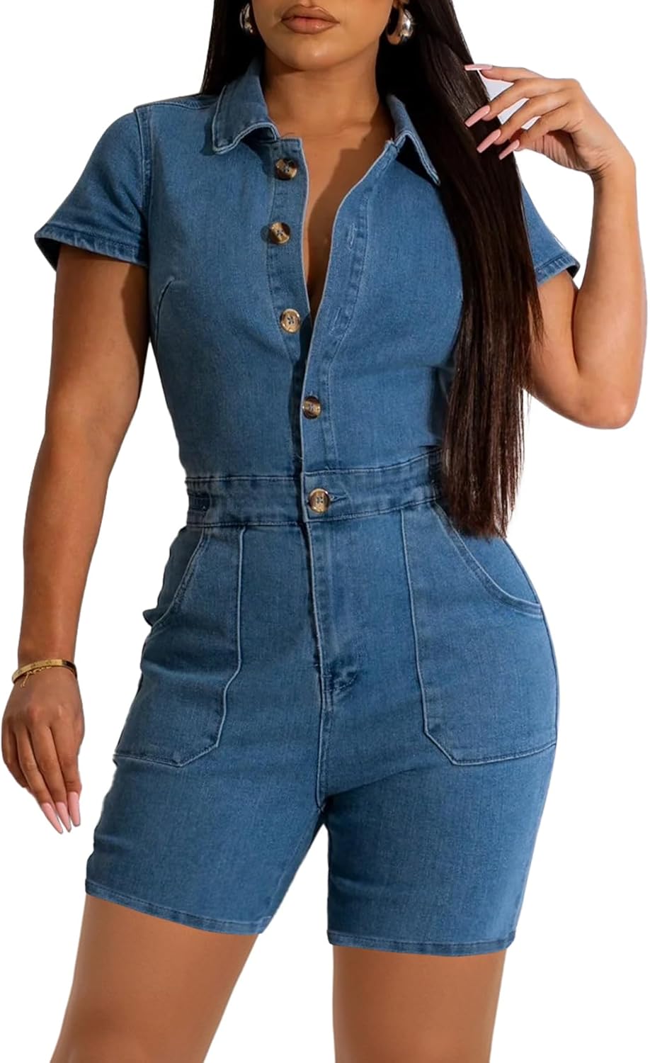 Denim Rompers for Women Sexy Short Sleeve Bodycon Short Pants Jeans Jumpsuits with Belt Pockets Botton Down