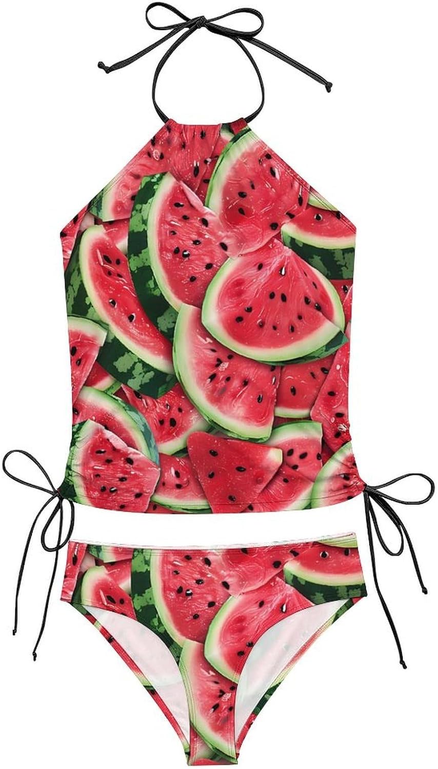 Watermelon Patten Women's Tankini Swimsuit Two Piece Tummy Control Bathing Suits Tie String Swimwear