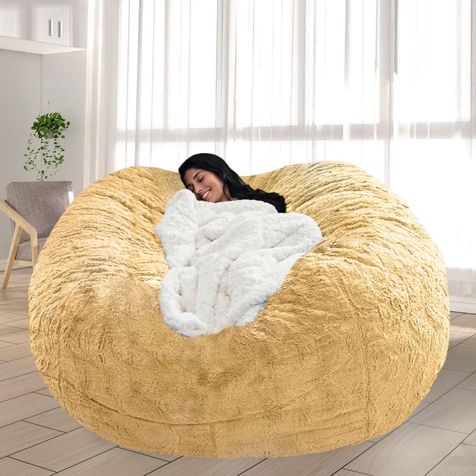 FIEATES Bean Bag Chair for Adults Kids No Filling Soft Oversized Round Bean Bag Couch Lazy Sofa Lounge Chair Reading Chair Cover, 5FT, Lemon Yellow