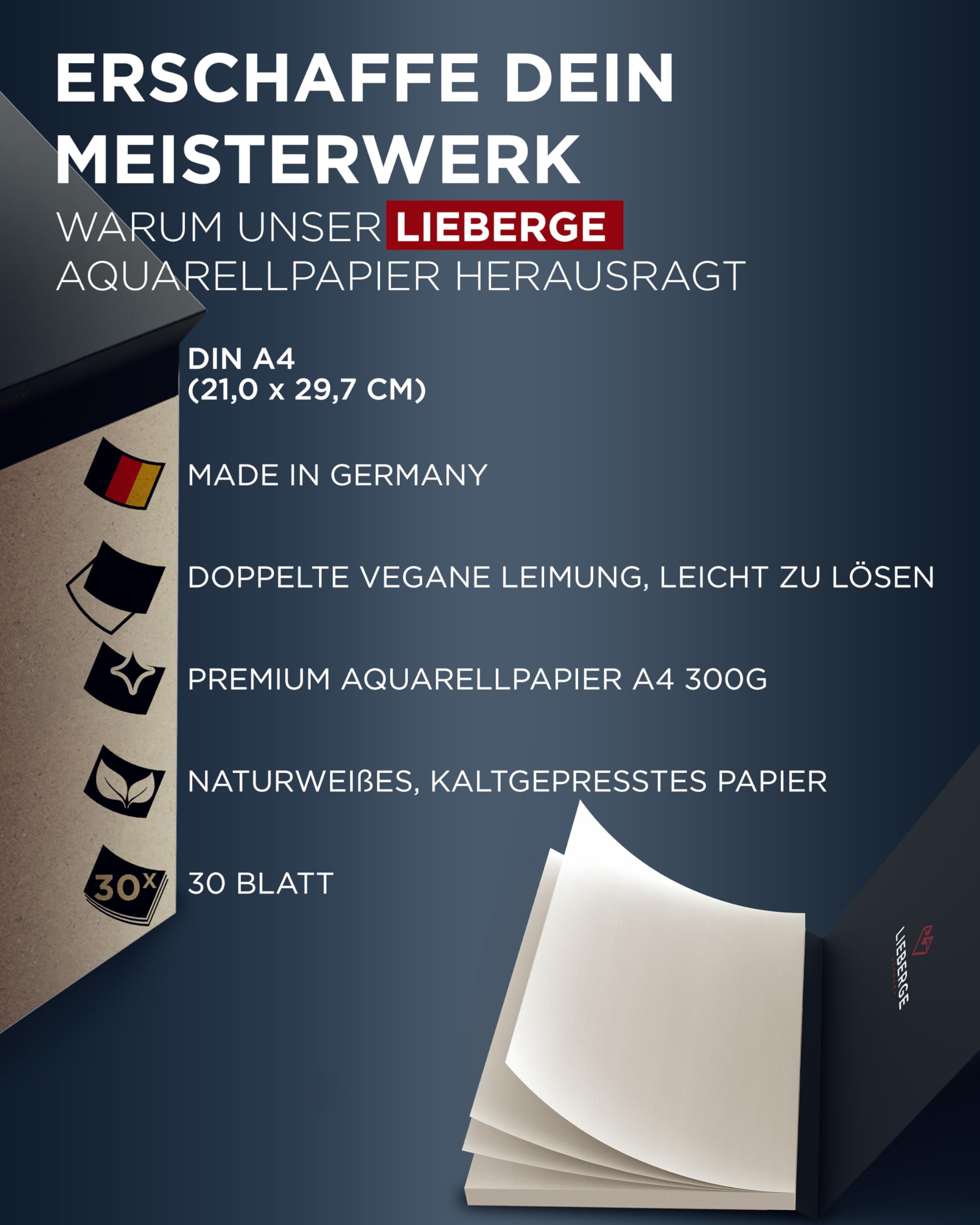 LIEBERGE Aquarell-Set: Aquarellpinsel 8er-Set + Aquarellpapier A4 | Kompletteinstieg ins Aquarellieren: 8 Aquarellpinsel aus Synthetik-Zobelhaar + Aquarellpapier A4 300g, 30 Blatt
