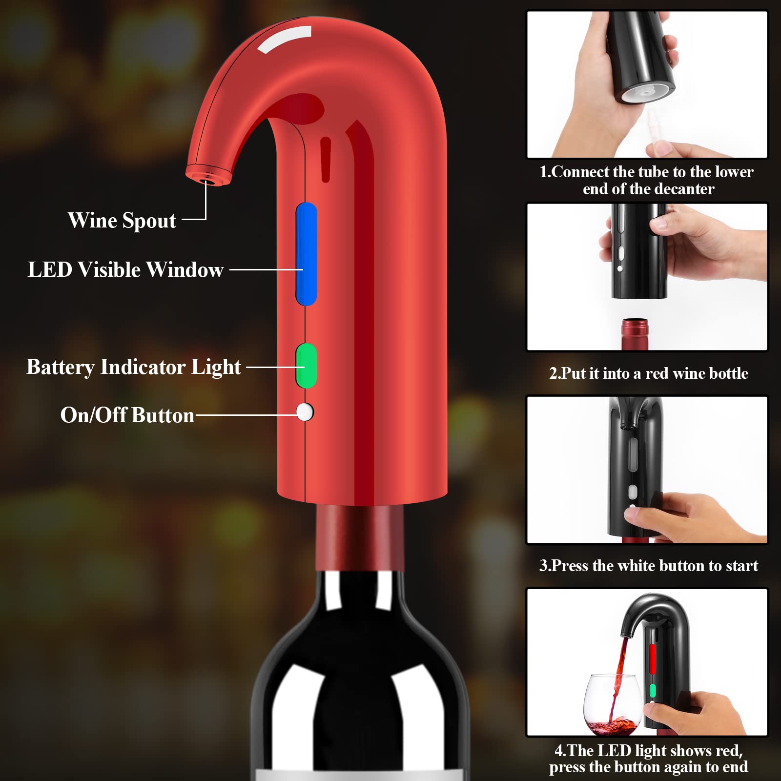 Higfra Juego de abridor de vino eléctrico con aireador, decantador, cortador de aluminio, tapón, rojo
