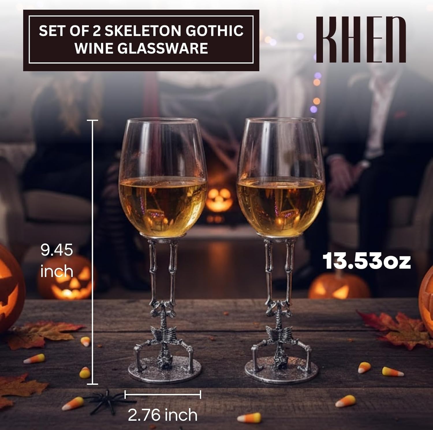 Khen Skeleton Wine Glasses Set of 2 13oz – Gothic Skeletons Stem Goblets for Party, Horror Décor, or Barware – Spooky Skull Wine Glasses for Adults, Gothic Dining & Collectible Tableware Skull - Image 2