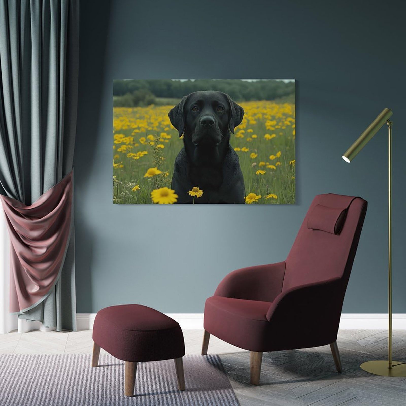 Junmoney Wall Picture Print Black Labrador in A Field of Flowers, 12x18inch(30x45cm), for Hallway, Bedroom Or Modern Interiors, Thoughtful Wall Decor for Art Lovers