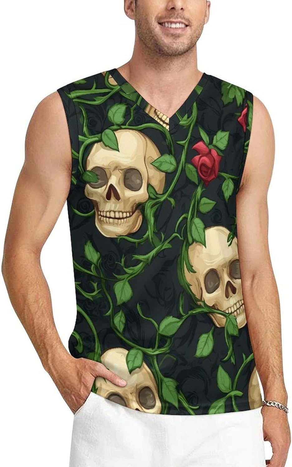 Skulls Vine Roses Men's V-Neck Basketball Tank Top Sleeveless Workout Tank Shirts Gym Fitness Tees Vest