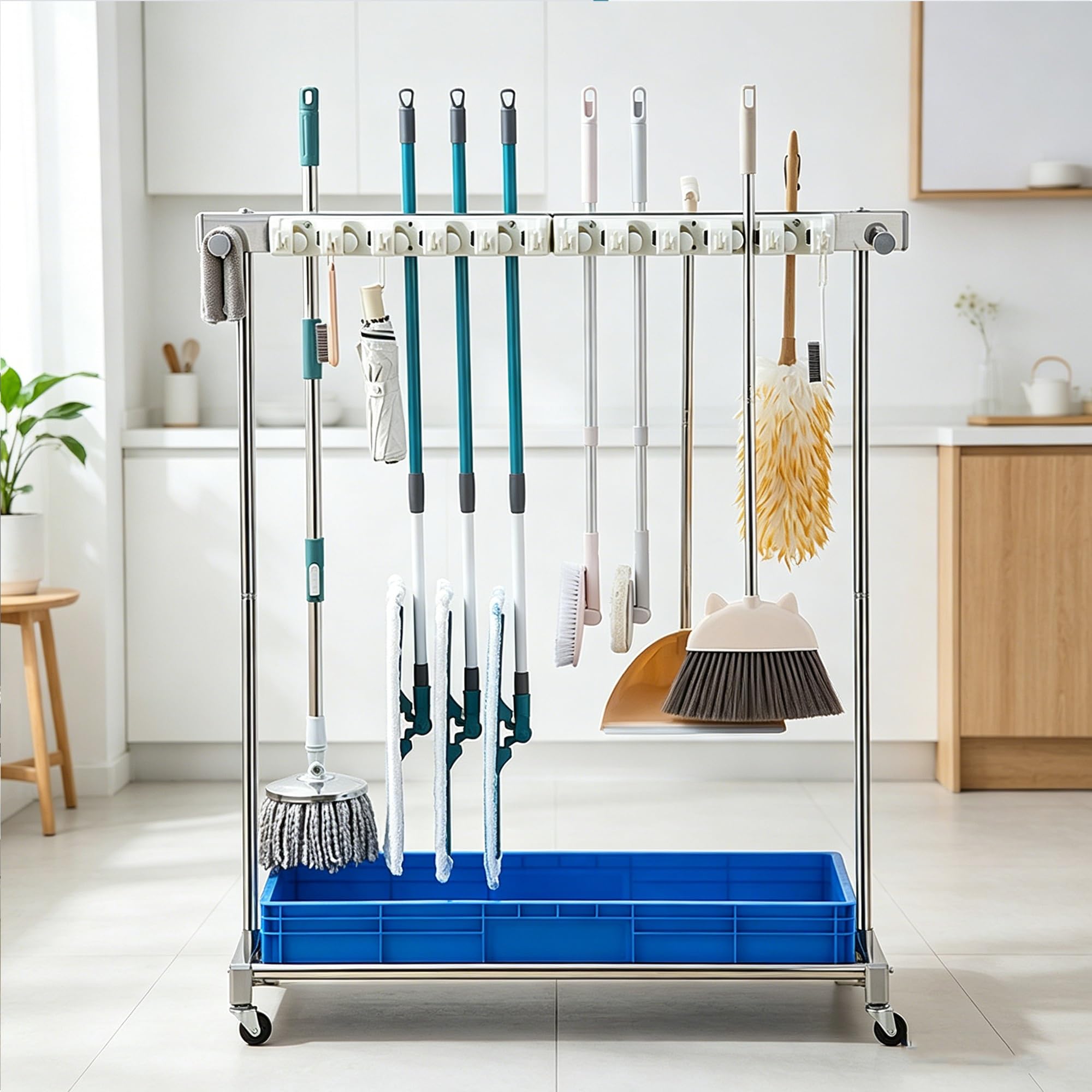 AYCDL Movable Commercial Rack for Mops And Brooms,Cleaning Tool Cart Mop Holder Umbrella Stand,Mop Drain Rack for Garage,Hotels,Restaurant,Garden,Double Row-67