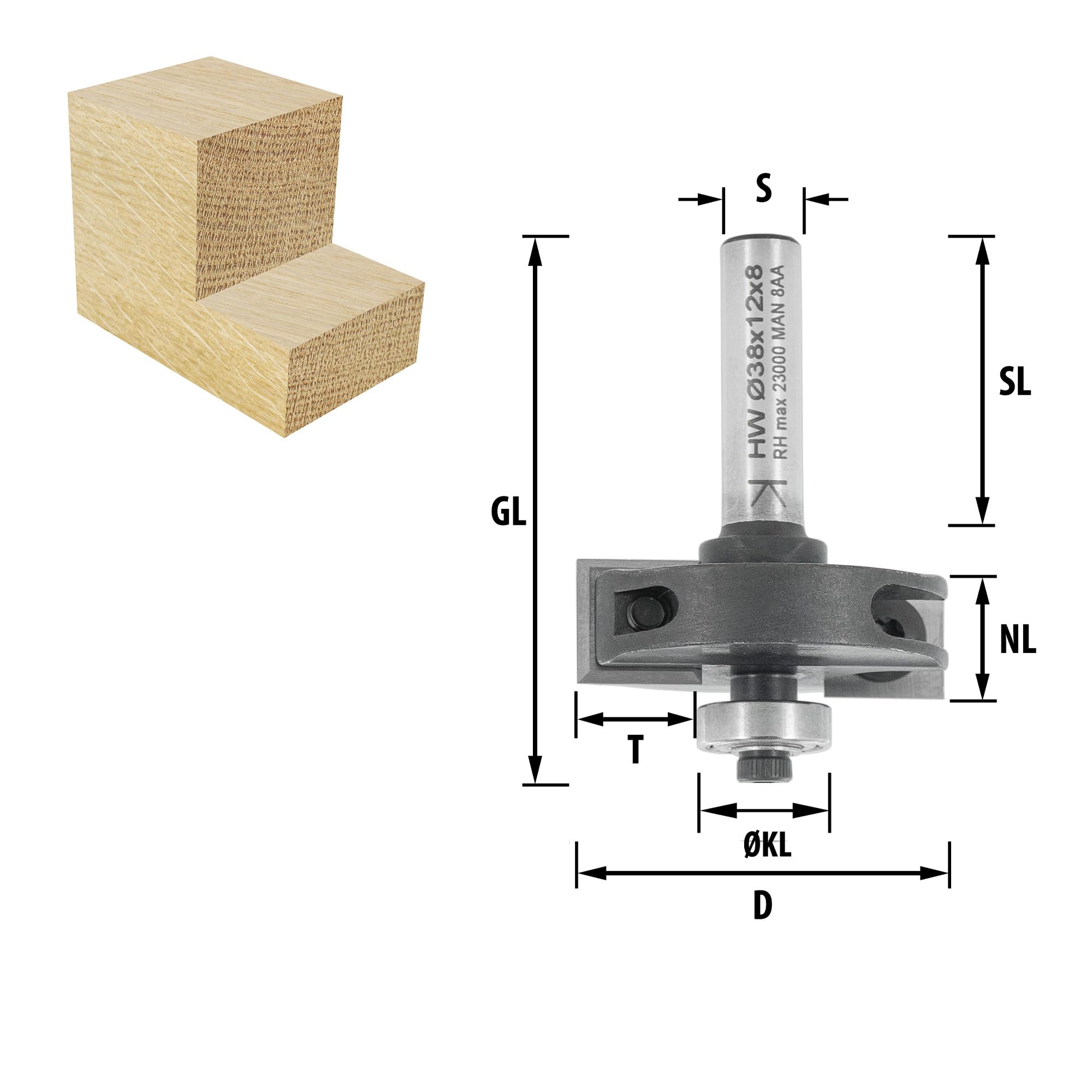 ENT 20311 Fresa a battuta con inserto indicizzabile carburo, Gambo (S) 8 mm, diametro (D) 38 mm, NL 12 mm, T 10 mm, GL 54 mm, con cuscinetto a sfere