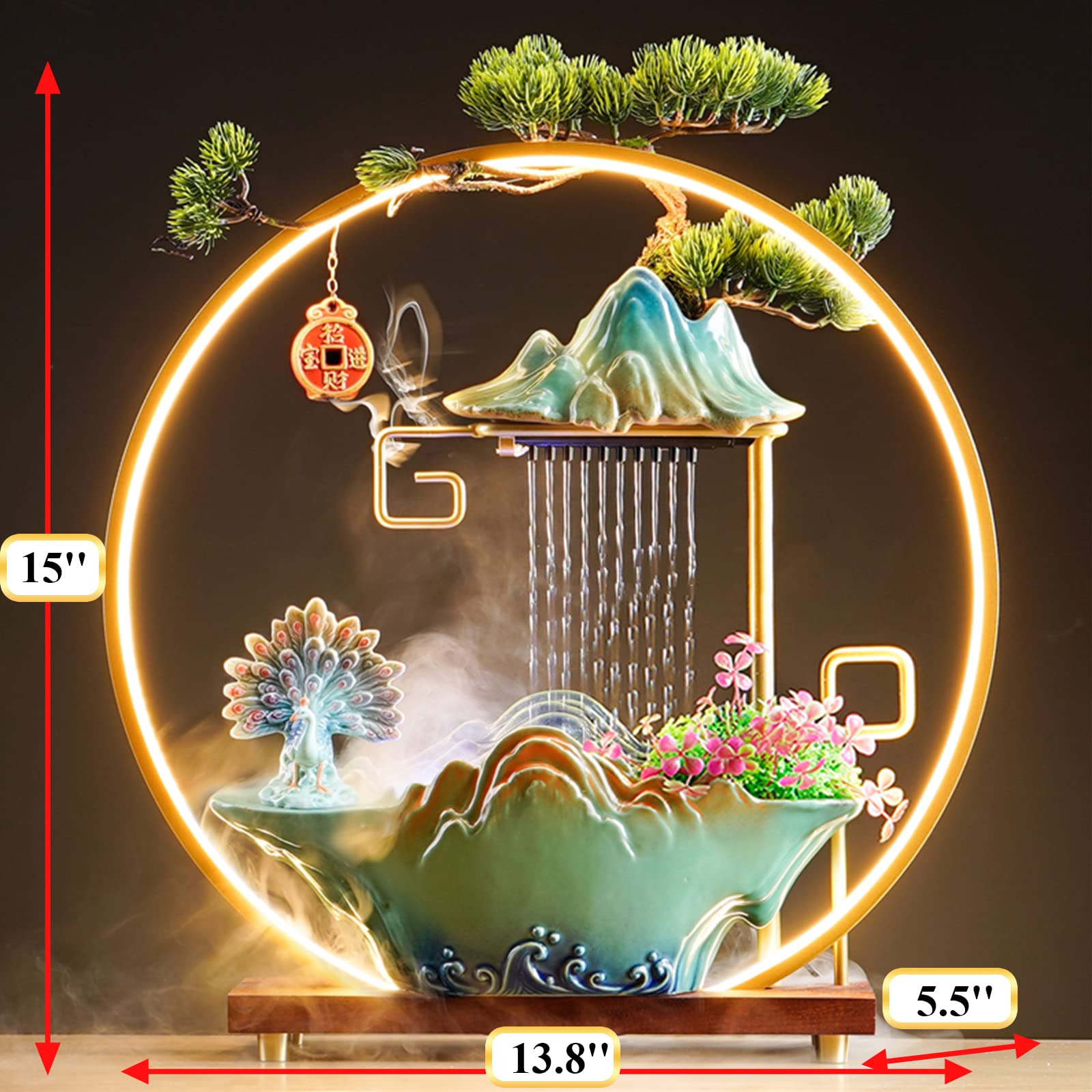 HSINYA Peacock Tabletop Water Fountains Indoor Waterfall with LED Light Desktop Fountain for Meditation with Mist Japanese Fountain with Fake Plants Feng Shui Office Home Decor for Good Luck Wealth
