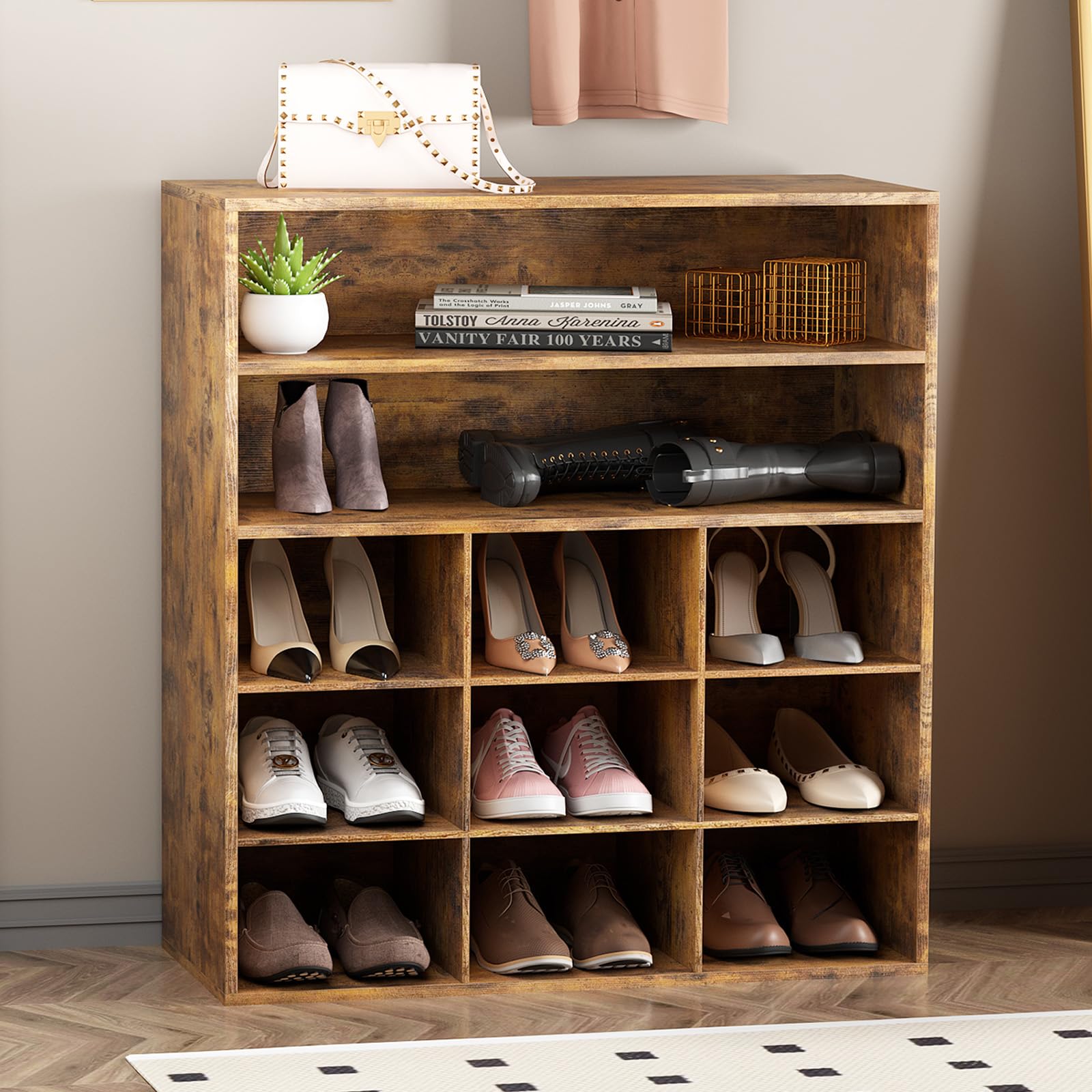 Garden 4 you Shoe Rack Organizer, 5-Tier Wood Cubby Shoe Rack with 2 Storage Shelf and 9 Cubbies, Shoe Organizer Cabinet for Entryway, Hallway, Closet