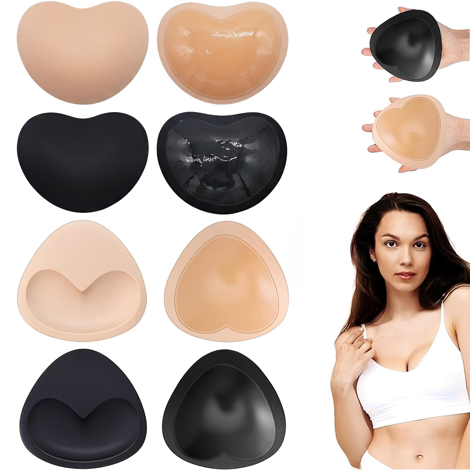 4 Paia Di Coppe Adesive Push Up Per Seno: Imbottitura Reggiseno Autoadesiva Invisibile, Set Con Forma A Cuore E Triangolo, Colori Nero E Carne – Perfette Per Bikini, Abiti Da Sera E Top Scollati - 5