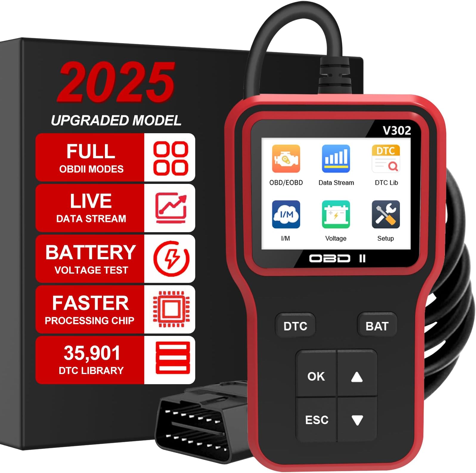 OBD2 Scanner Diagnostic Tool - Code Reader for Cars, Check Engine Light, Read/Clear Error Codes, Emissions Readiness, Battery Tester, All OBD II Vehicles Since 1996