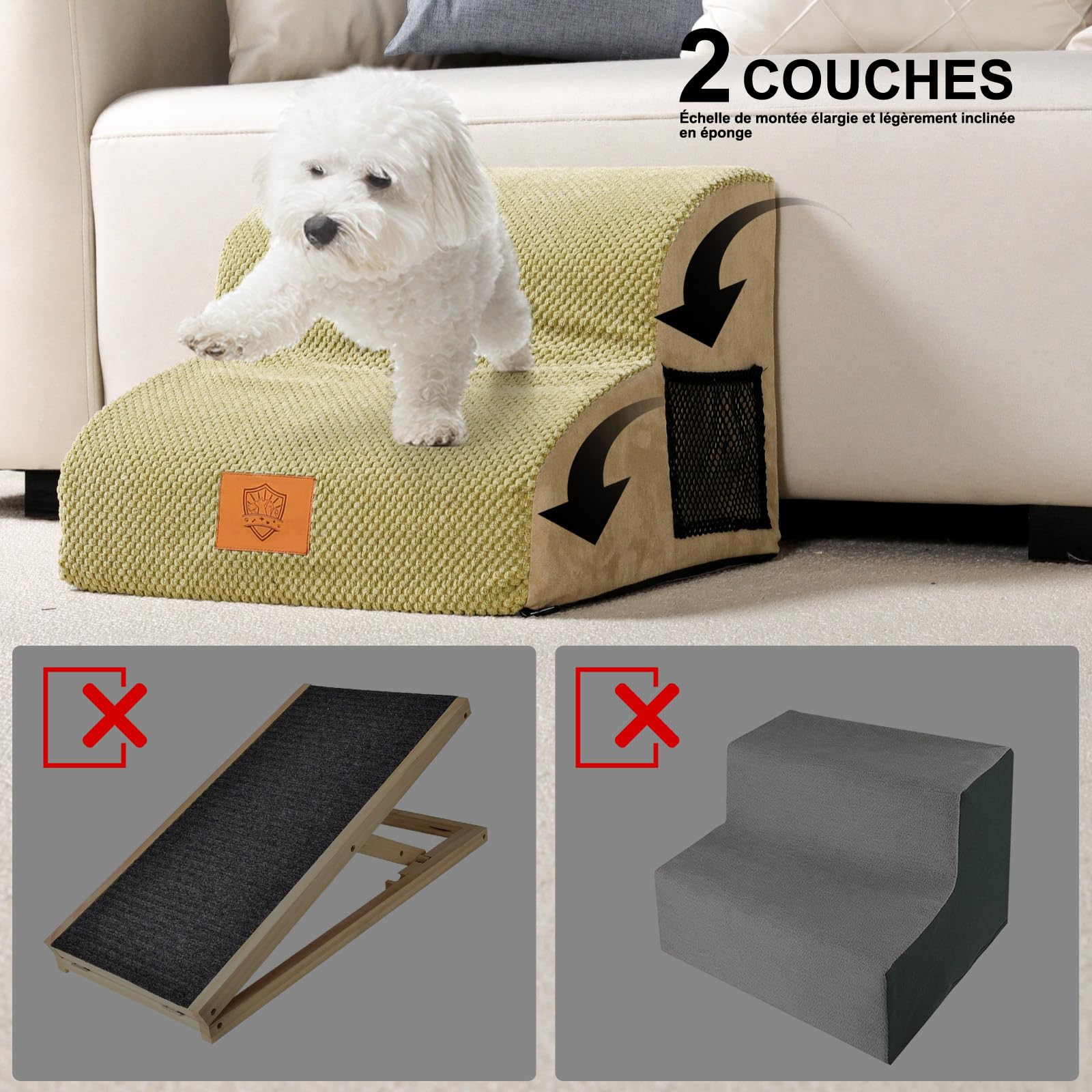 Masthome Scaletta per Cani a 2 Gradini, Scale per Cani in Spugna, Scale Antiscivolo per Animali Domestici, Rampa per Cani con Copertura Rimovibile e Lavabile, Scalette per Cani Letto (Giallo)