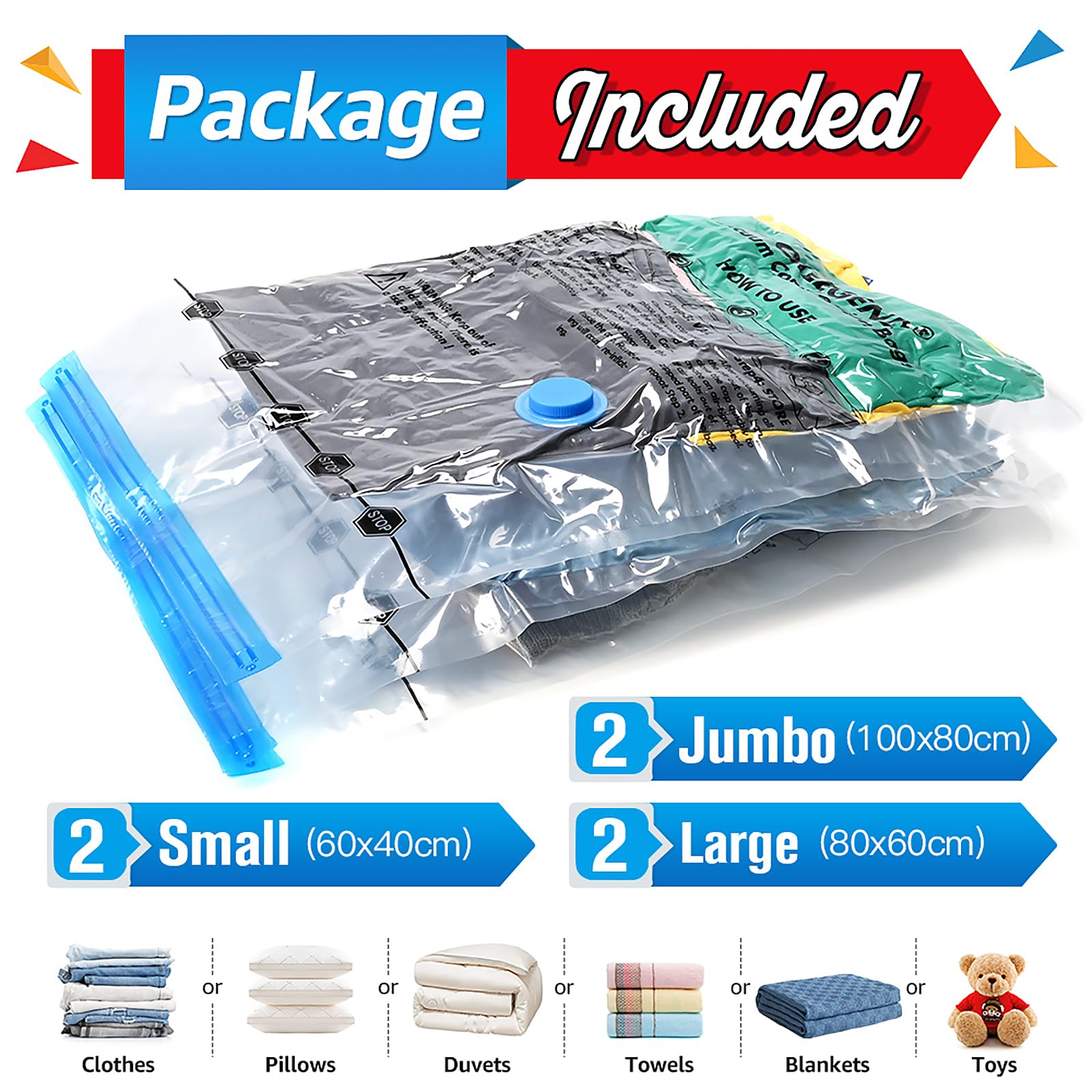 BoxLegend Vakuumbeutel 6 Stück 2 Jumbo 100x80cm + 2 Groß 80x60cm + 2 Kleine 60x40cm Aufbewahrungsbeutel Reise Vakuum Wiederverwendbar Kleiderbeutel für Kleidung Bettdecken Bettwäsche Kissen - 5