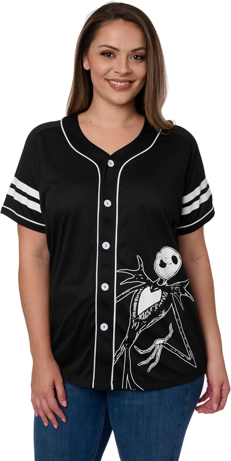 Disney Mickey Mouse Stitch Jack Skellington Womans Jersey Shirt Button Front