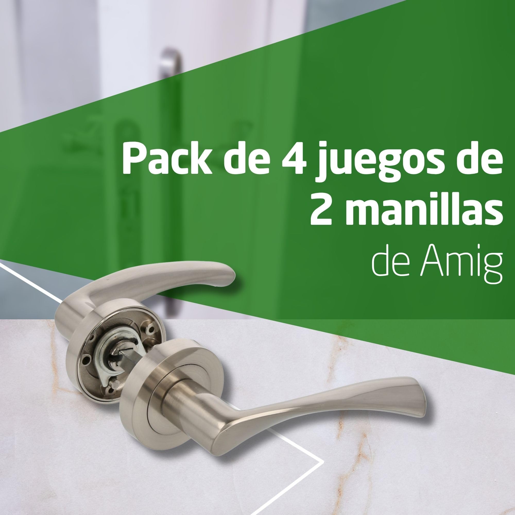 Amig - Pack de 4 Manillas con Roseta de Zamak para Puertas, Mod. ISHI RX, 52 mm, Cuadradillo de 8 mm, Diseño Elegante y Sencillo, Aluminio Níquel Cepillado