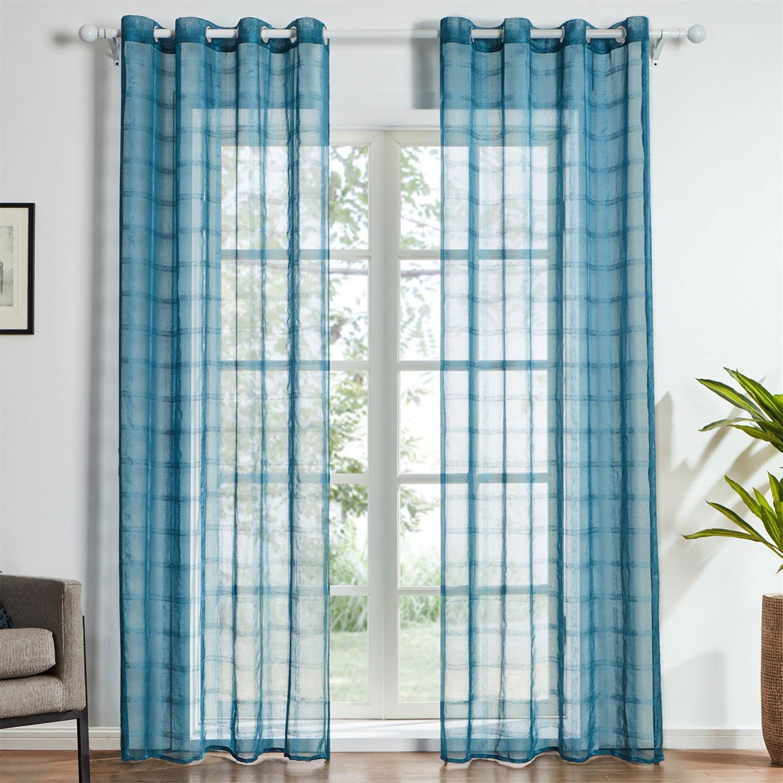KEKUYA Semi Transparent Voile Curtains Decorative Ring Top Eyelet Panels for Bedroom Livingroom Privacy Protect.Two panels - W52xL54inch(132x138cm)-Blue Plaid