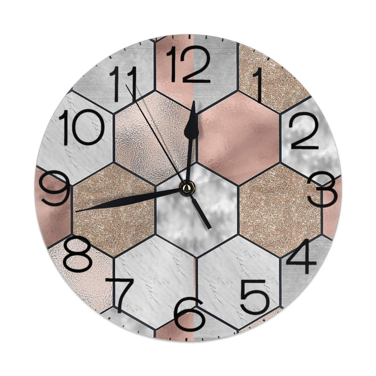 shihuainingxiance Round Wall Clock Desk Clock Vintage Rose Gold Marble Hexagons Printed for Living RoomDecorative Quiet Numbers Display Battery Operated 9.84 Inch
