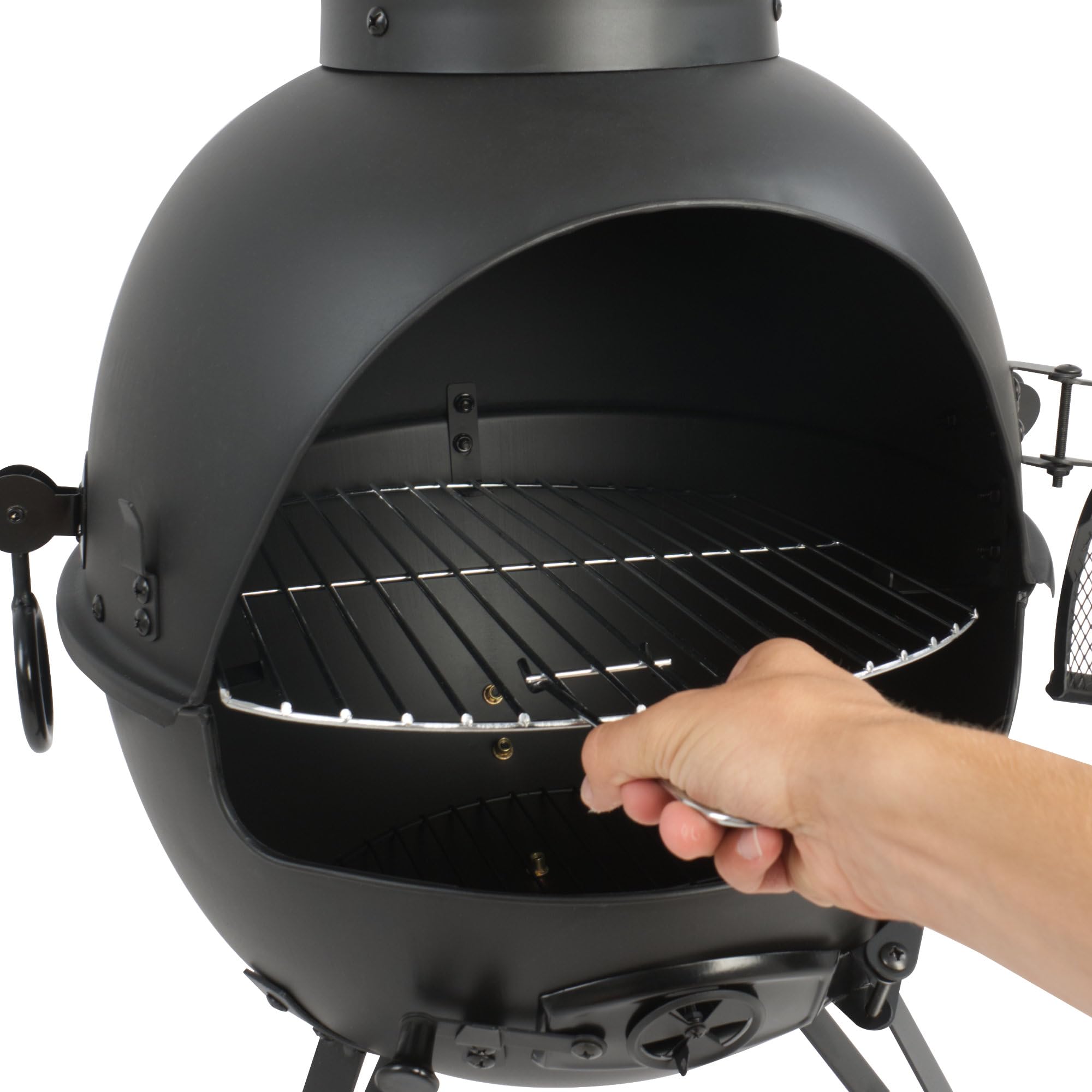 BBQ-Toro Terrassenofen mit Grillrost, Grillrostheber und Schürhaken | 52,5 x 53,5 x 142 cm | Stahl Gartenkamin, Outdoor Gartenofen, Feuerkorb | Holzofen Wärmequelle, Feuerstelle mit 3 Standfüßen