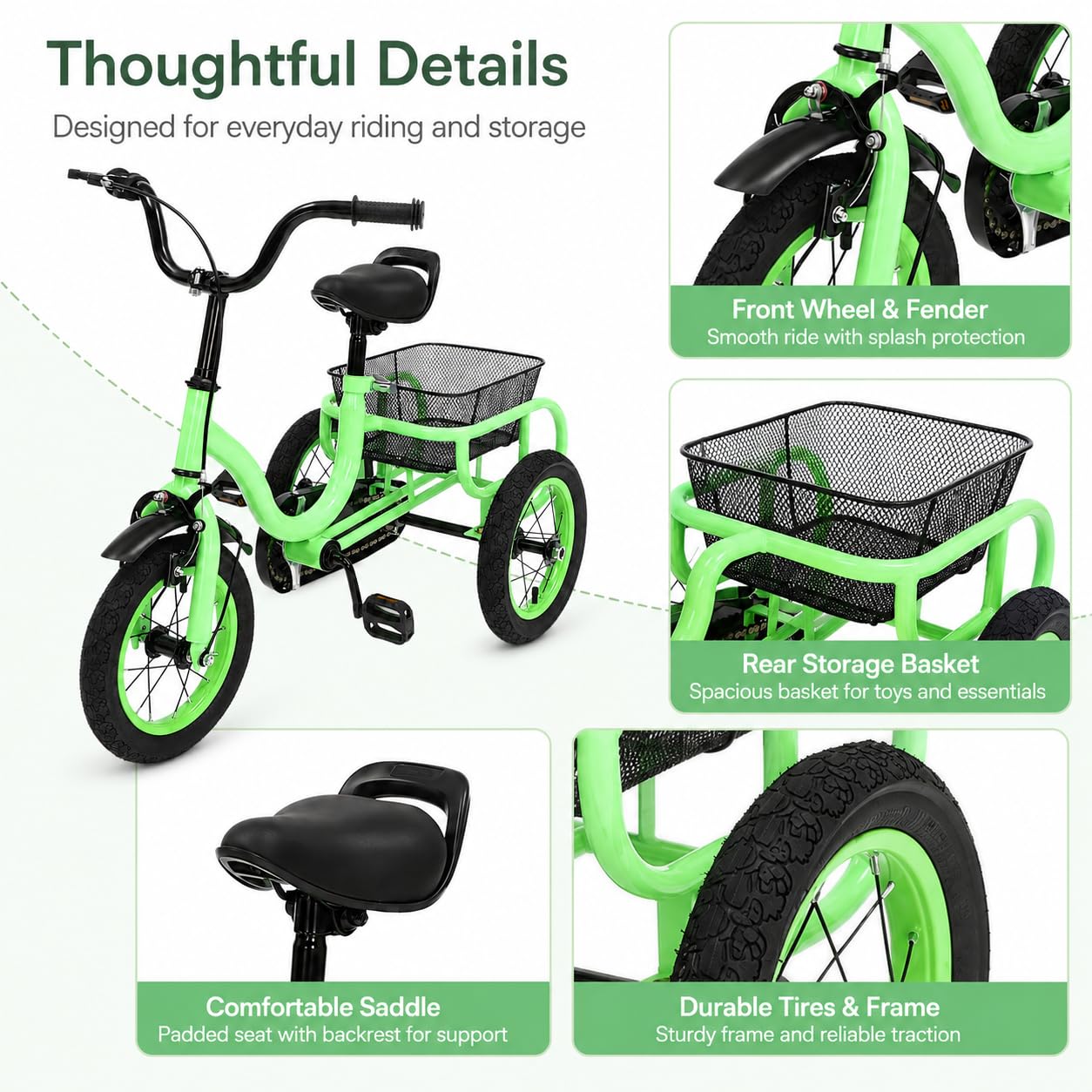 Triciclo infantil de 12 pulgadas, bicicleta infantil con engranaje de entrada, triciclo de carga hasta 25 kg, patinete infantil con pedales antideslizantes, estructura estable para triciclos, para