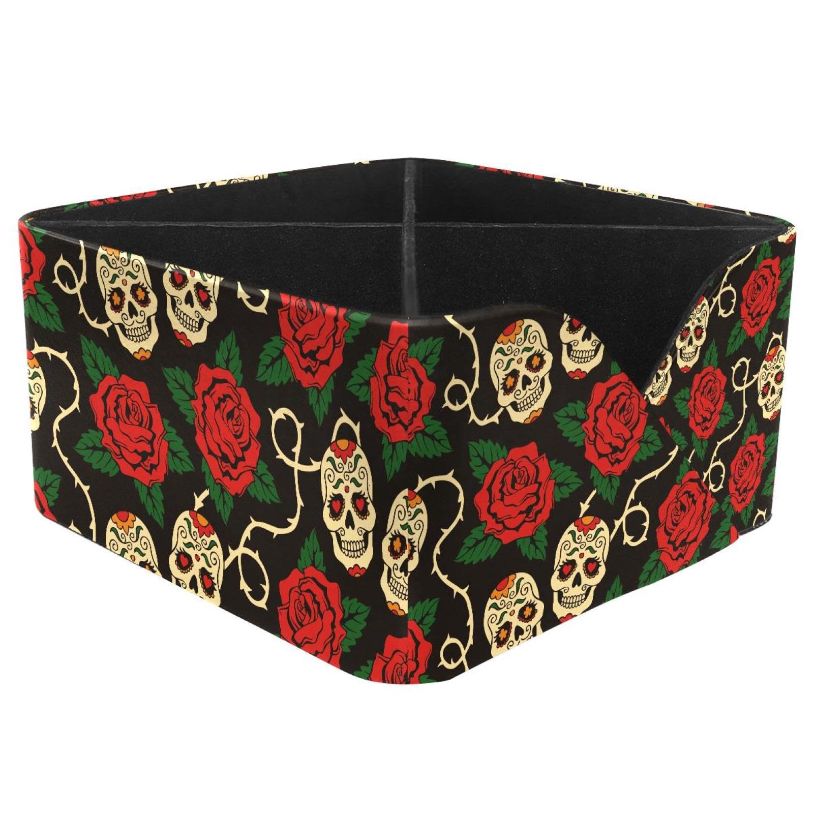 KengjuTesu Day of Dead Mexican Sugar Skulls with Red Roses Desktop Organizer Pen Holder, Rectangular Pencil Cup for Office, Study and Makeup Stations