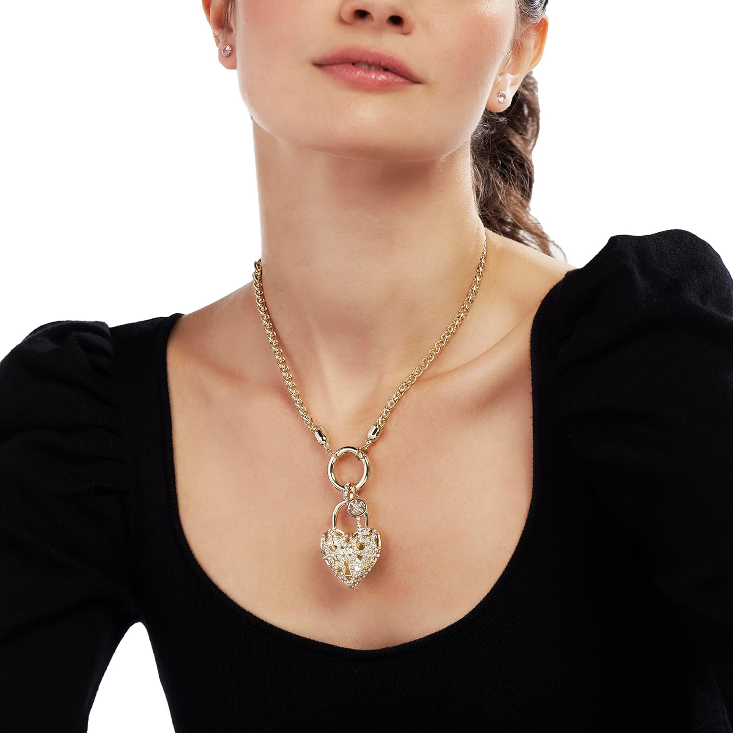 JTV Gold Tone Heart Lock & Key Necklace for Women – White Crystal & Pearl Simulant Pendant with Interchangeable Chains – Elegant Jewelry Gift Box Included - Image 4