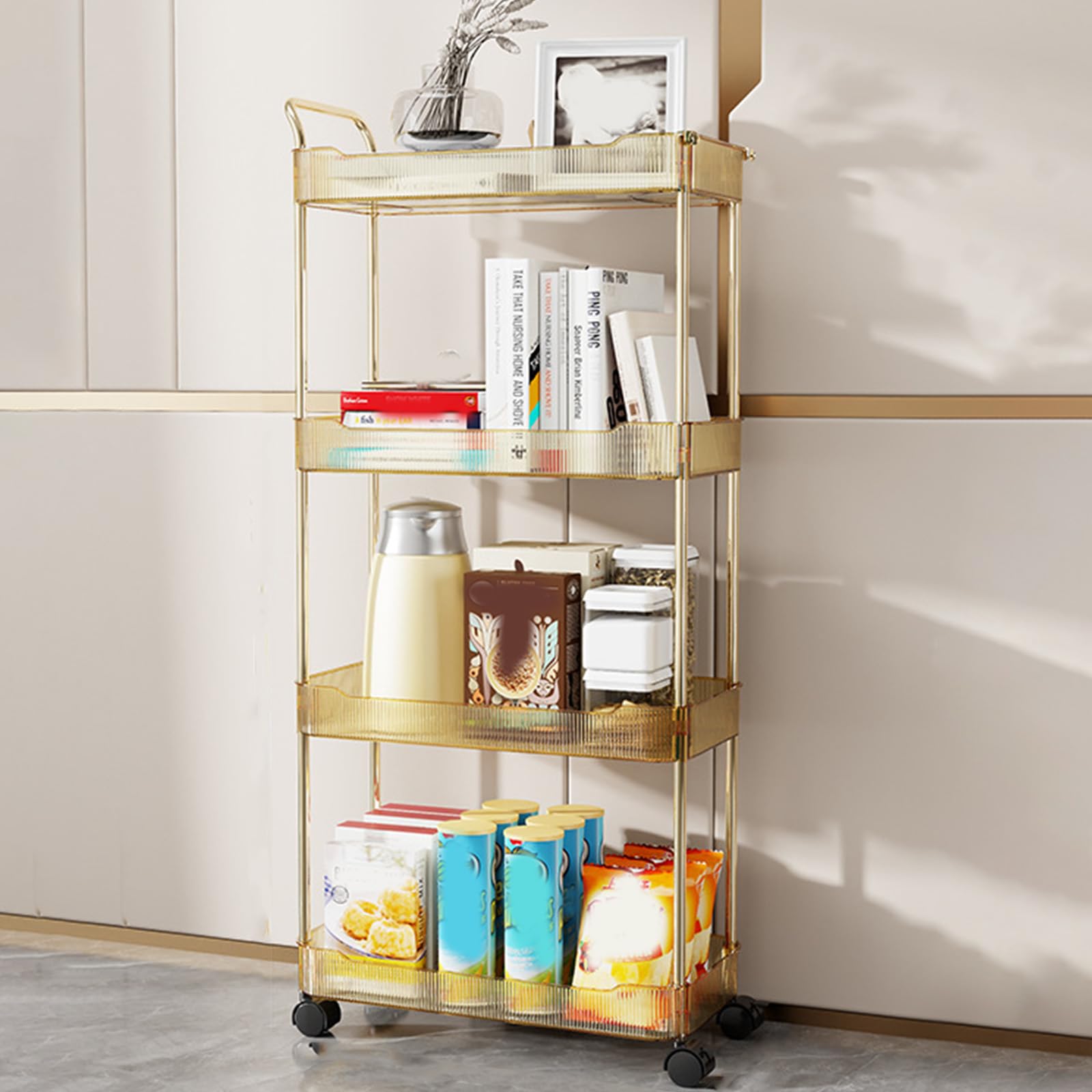 Wiodeiv Acrylic Storage Trolley with Lockable Wheel, 2/3/4 Tier Bathroom Kitchen Rolling Utility Cart Mobile Organization Shelves,Gold,4 Tier