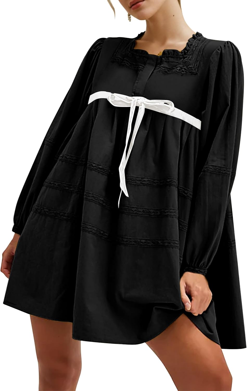 Women Flowy Long Puff Sleeve Mini Dress Casual Square Neck Lace Embroidered Babydoll Dress Bow Tie A-line Tunic Dress