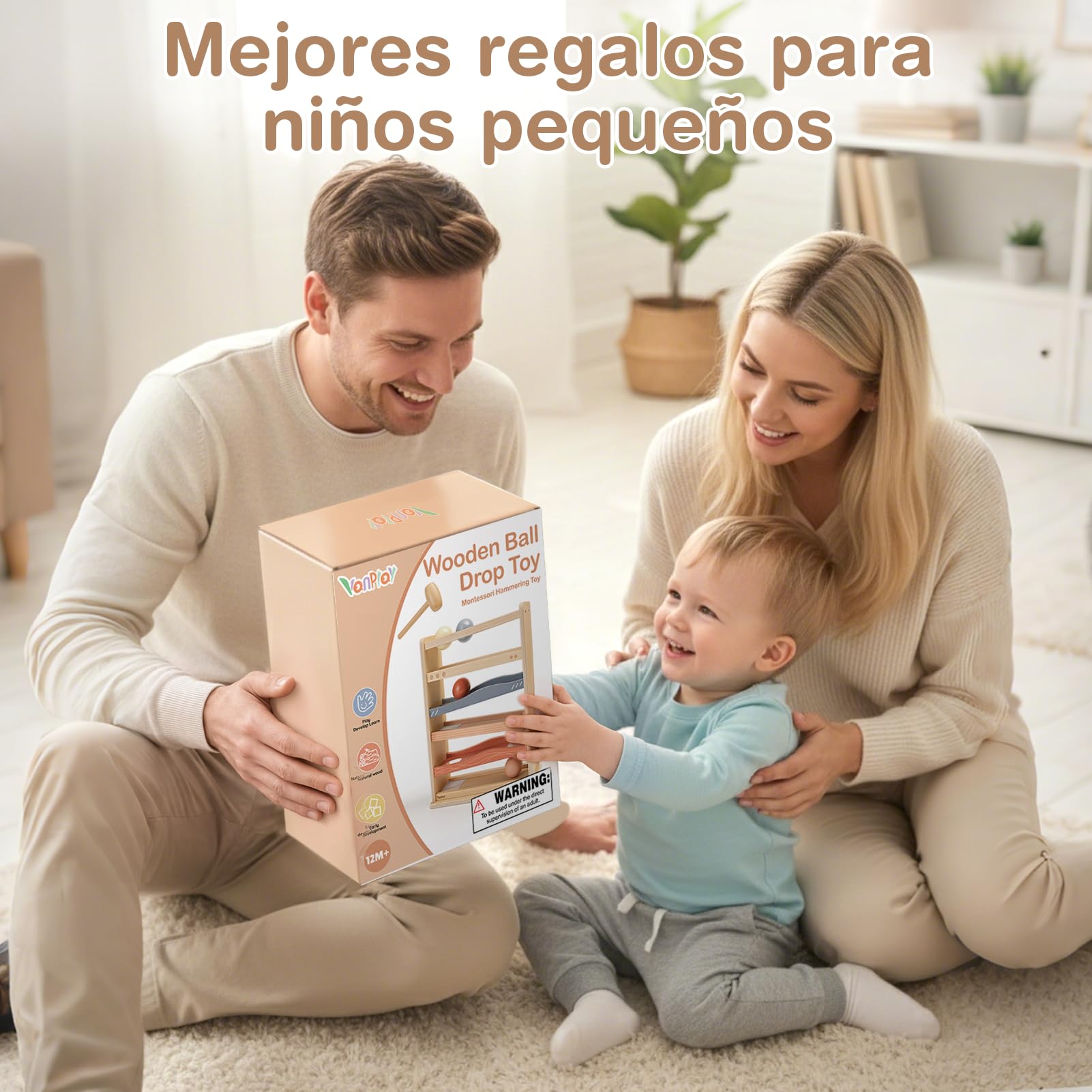Vanplay Circuito de bolas de madera juguete Montessori desde 1 año, Juego de martillo con 4 bolas y martillo de madera, Sin montaje, Regalo para niños y niñas de 1‑4 años