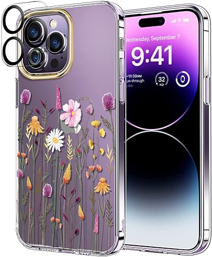 Miniatura 9 de luolnh Funda compatible con iPhone 14 Pro con flores, para mujeres femeninas, a prueba de golpes, patrón floral transparente, cubierta trasera dura