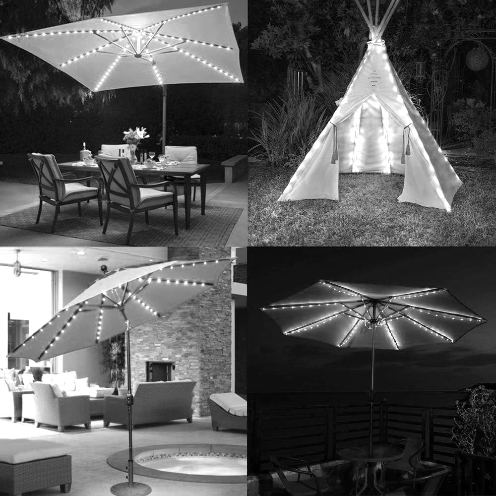 KINGCOO - Striscia di luci per ombrellone da patio, impermeabile, 104 LED, telecomando, 8 modalità, funzionamento a batteria, luci decorative per esterni, patio, ombrelloni e tende da campeggio