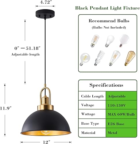 Miniatura 2 de Febeleven Lámpara colgante de granja negra mate, altura ajustable, luces de techo industriales colgantes vintage para cocina, isla, pasillo,