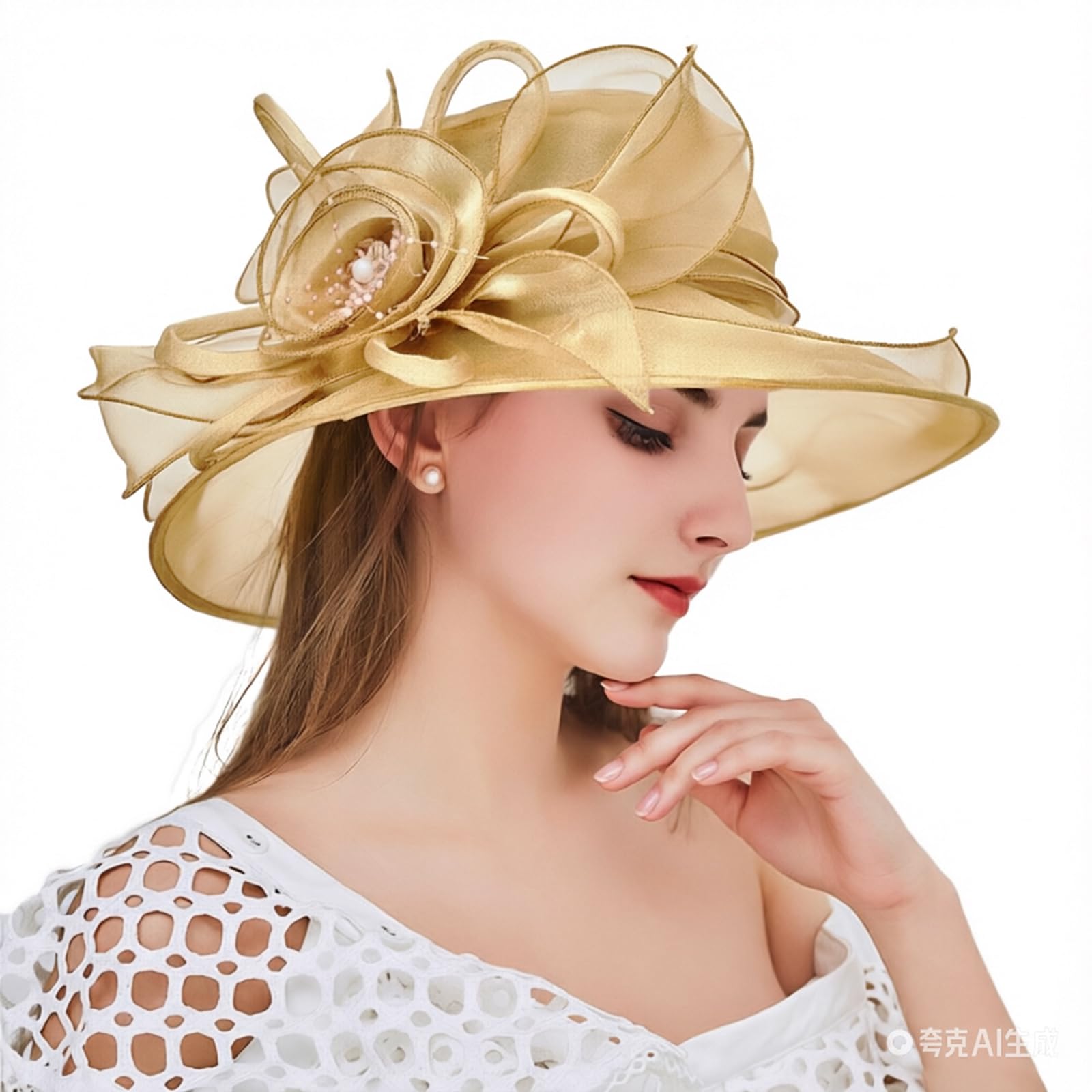 TLMNU Organza Fascinator Hat - Women's Wide Brim Church Bridal Tea Party Wedding Hat, 03golden, One Size
