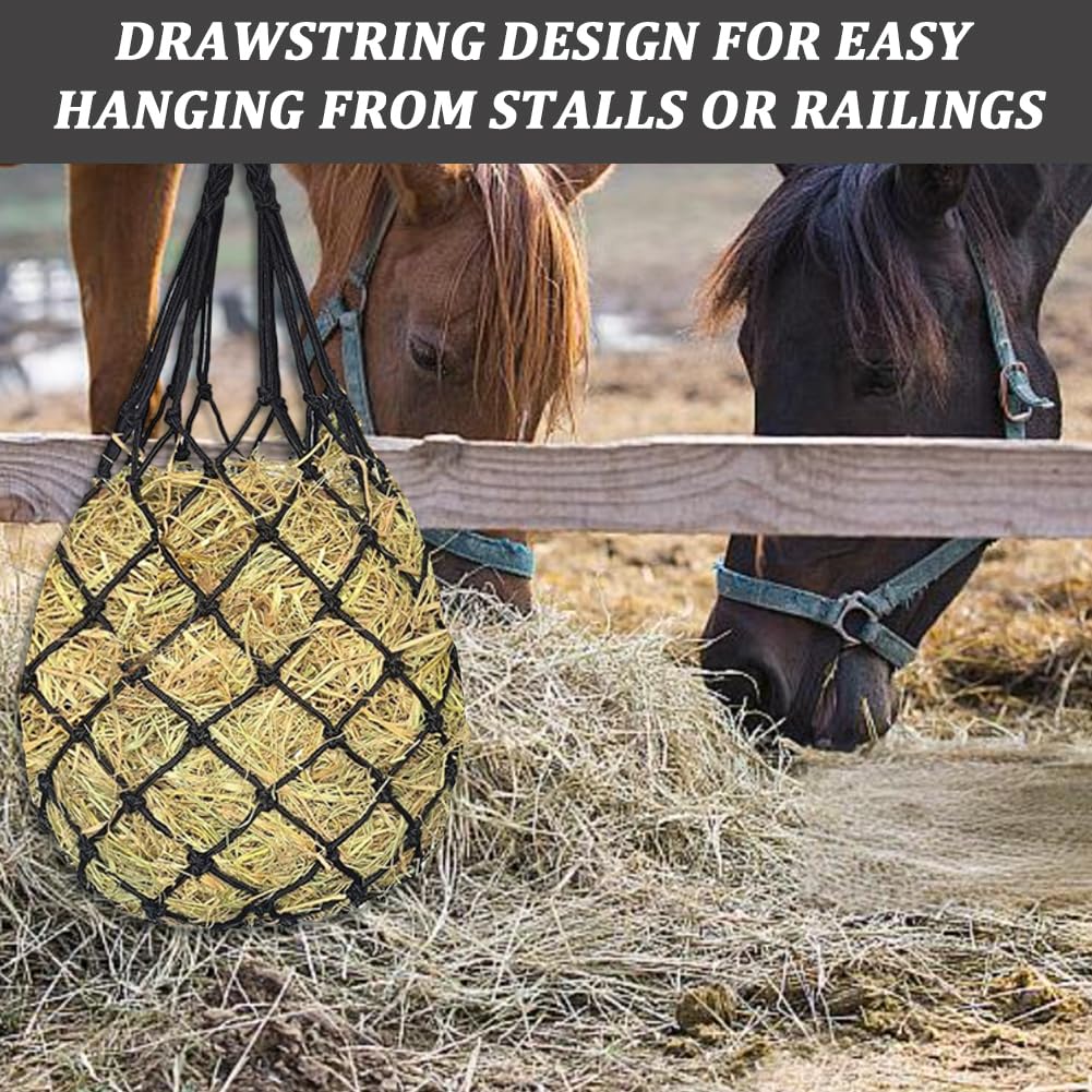 CREATCABIN Filet à Foin pour Chevaux 2 Trous 101.6cm Niveaux de Charge Robuste Corde en Nylon Noire pour Chèvres Vaches Ânes Stalles