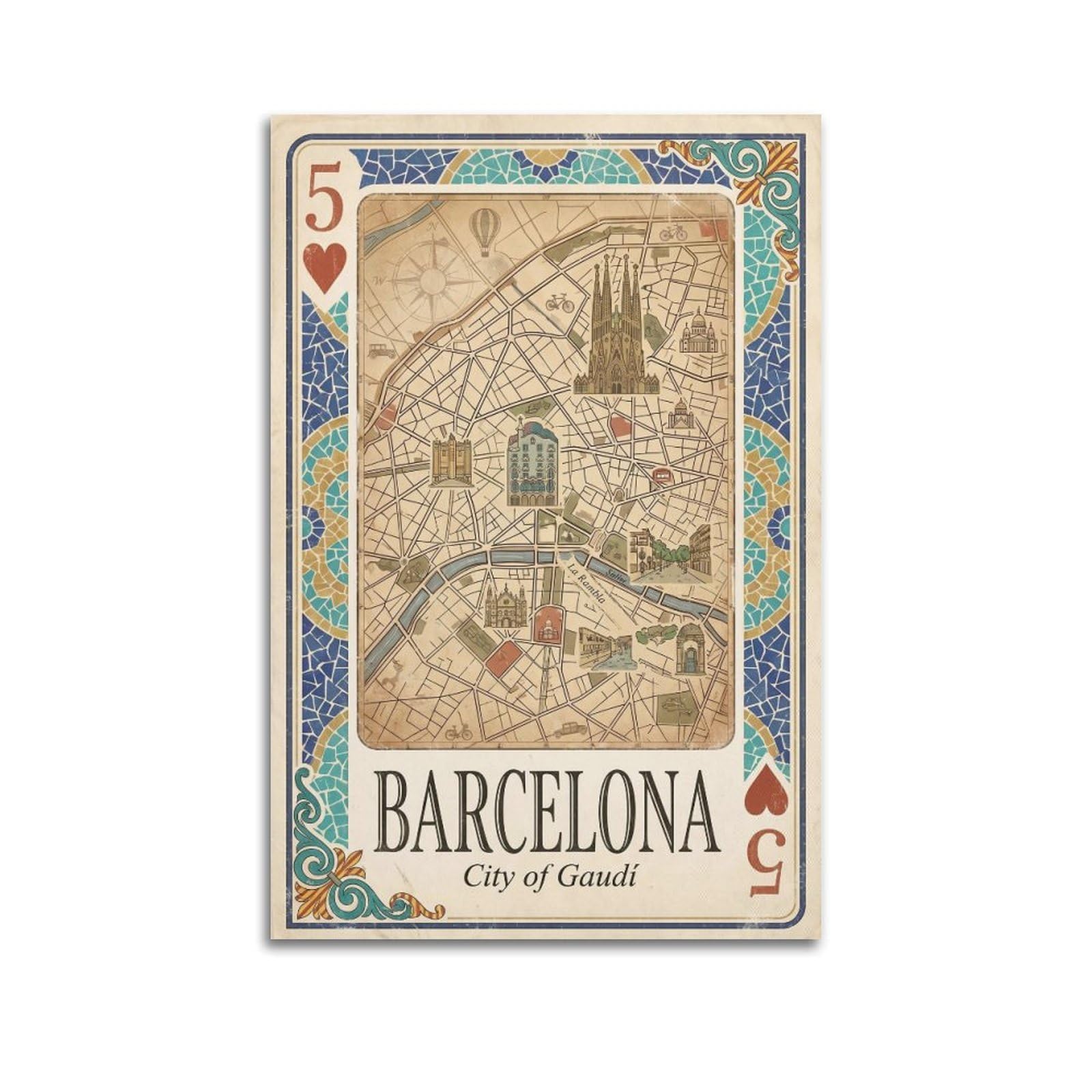Okngb Unframe-Style Vintage Barcelona Spain City Map 5 Of Hearts Playing Card Poster Decorative Painting Canvas Art Picture 16X24inch(40X60cm)