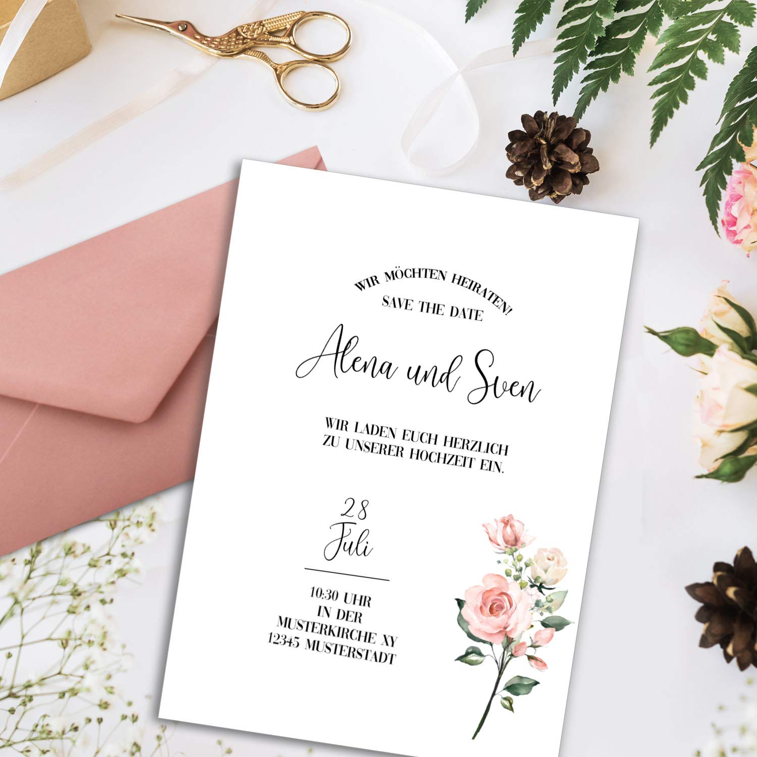250 juegos de cartas DIN A4 - papel natural en crema con ramas de rosa - con sobres DIN largo en papelería rosa antiguo imprimible, ideal para invitaciones de boda