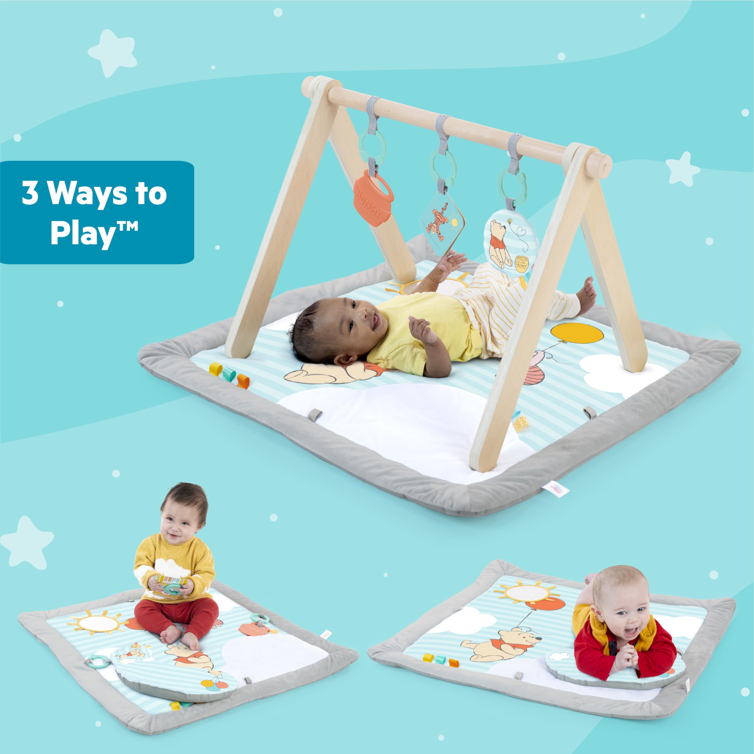 Bright Starts Disney Winnie PUUH Once Upon a Tummy Time Mata do aktywności dla niemowląt z drewnianym drążkiem Niebieski