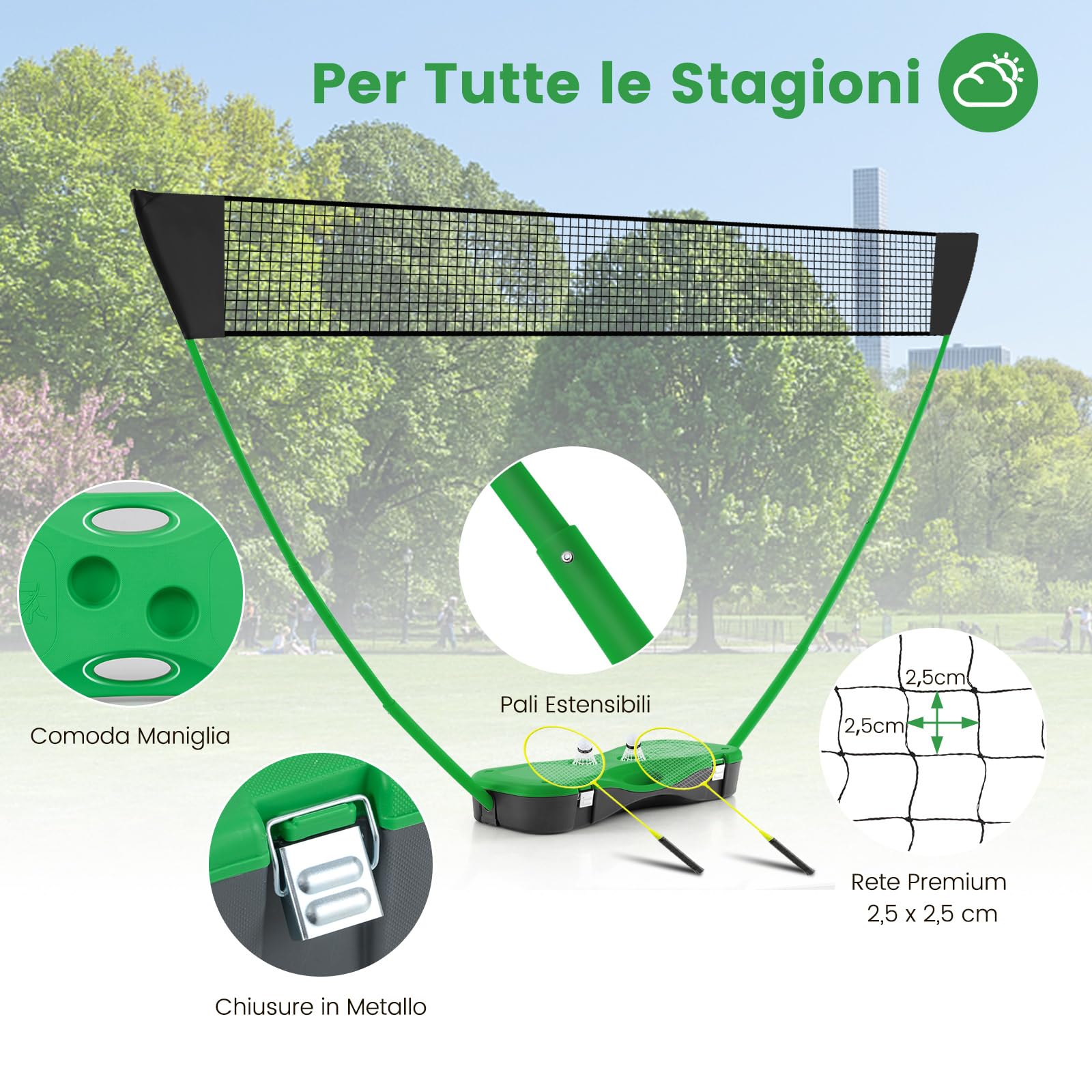 COSTWAY Set di Badminton con Rete, Racchette, 2 Volani e Scatola di Conservazione, Set di Badminton Portatile per 2 Giocatori da Esterno per Bambini, Ragazzi e Adulti