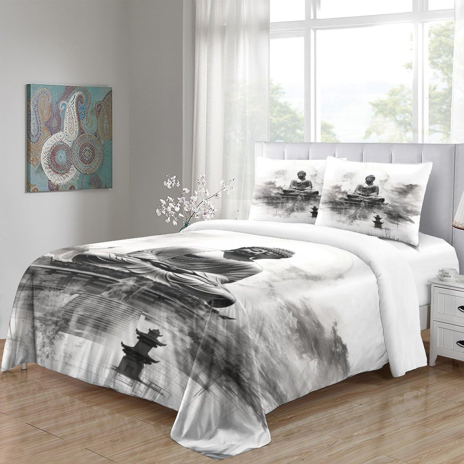 Buddha 3D Set Di Biancheria Da Letto Per Adulti E Bambini,3 Pezzi Per Letto Singolo,Matrimoniale,Grande Size,con Buddha Copripiumino E Federa,Microfibra,con Lampo Doppio（200x200cm）