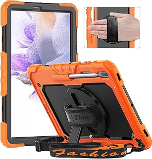 Timecity Samsung Galaxy Tab S8 Plus Case 2022 /Tab S7 FE Case 12.4" 2021 (SM-X800/X806, SM-T730/T733) with Screen Protector, Rotating Stand and Hand Strap, Shockproof Case for Samsung S7 Plus, Orange