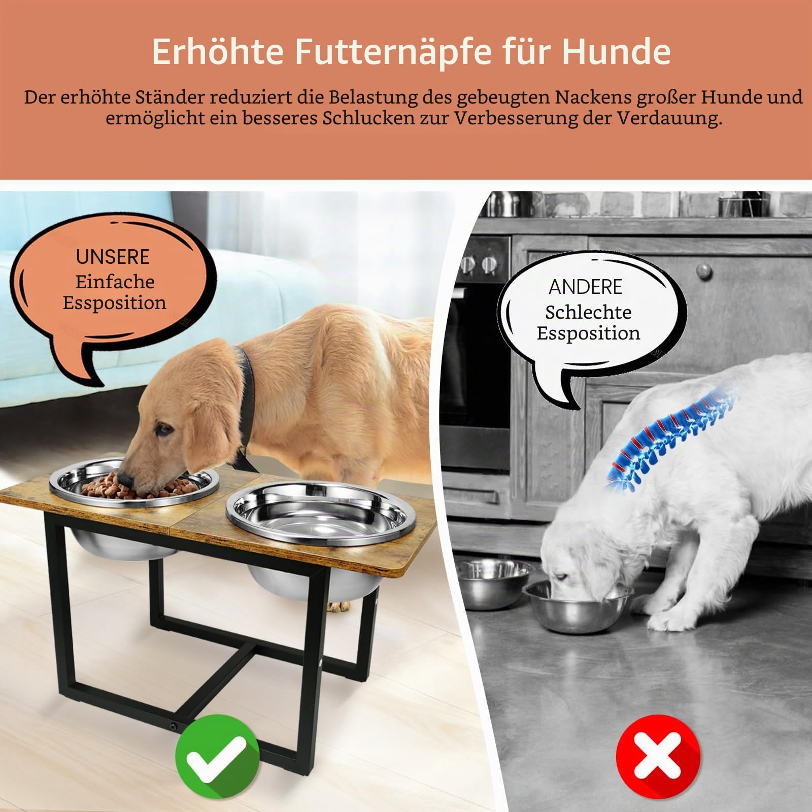 Erhöhte Hundenäpfe für große Hunde, erhöhter Hundenapfständer mit Zwei XL-Edelstahlnäpfen für Hunde, 3,5 l Fassungsvermögen, rustikales Braun