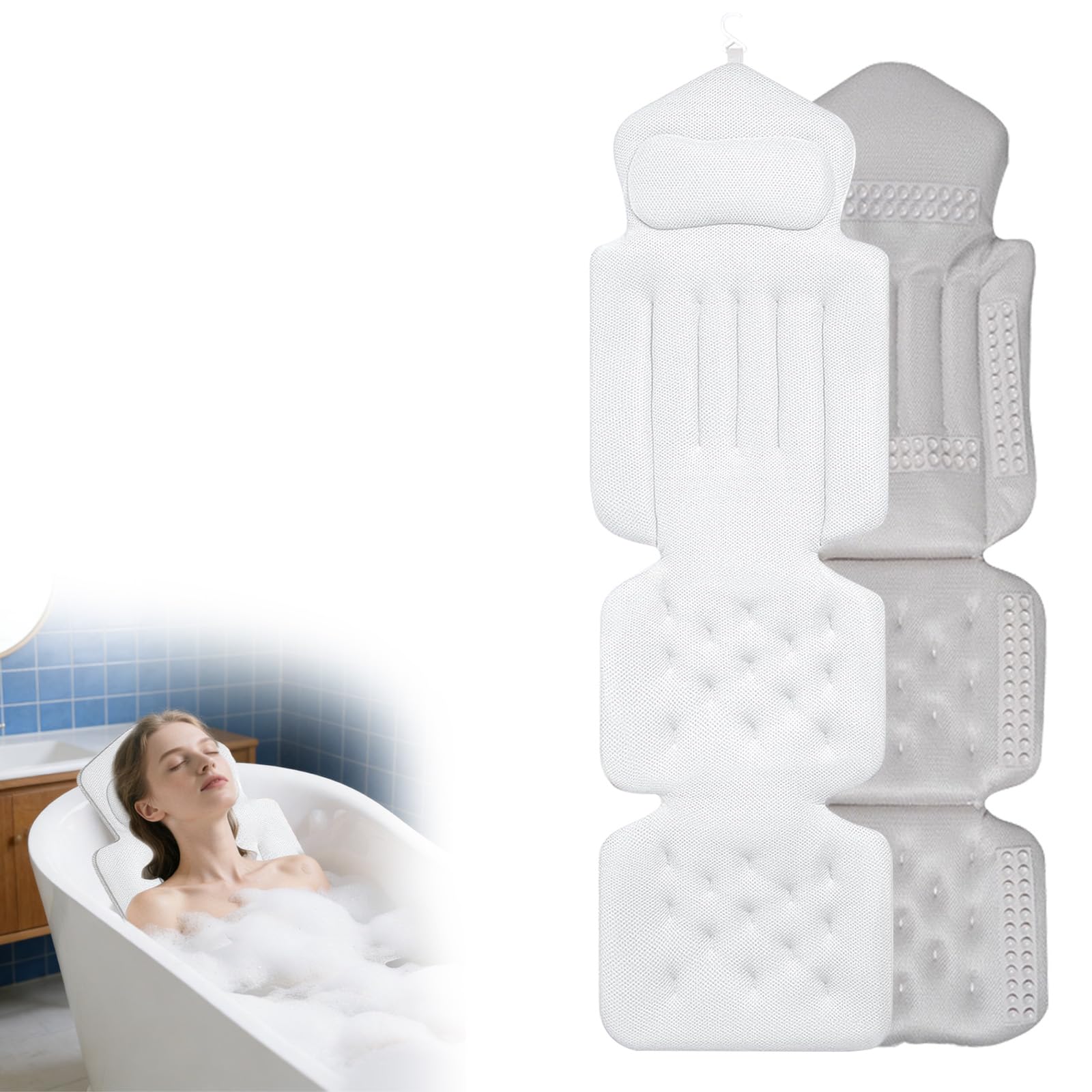 Badewannenkissen Ganzkörper 134×41 cm, Dickes Luxus-Badekissen mit Kopfstütze & Lendenstütze, Schnelltrocknendes Hautfreundliches Kissen für Nacken- & Schulterentlastung