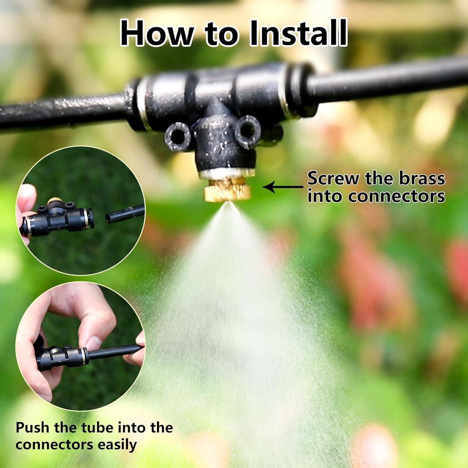 24 Pack Brass Misting Nozzles Outdoor Cooling System with 24 Heavy Duty Mister Nozzle,24 Tees,4 Brass Plugs,4 Black Plugs for Outdoor Cooling System