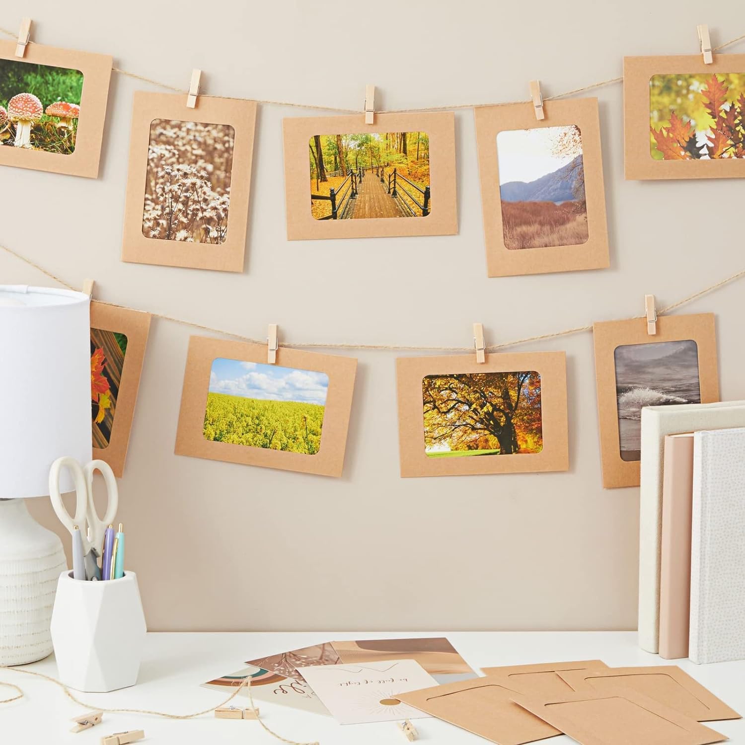 Desi Rang 10 pcs Hanging Photo Frame with wooden clips and jute Rope (Outer Size 6" x 4.5" inch, Inner Size 4.25" x 3" inch) Khakhi Wall Photo Display for Home, Bedroom & Living Room decor gift DIY 4