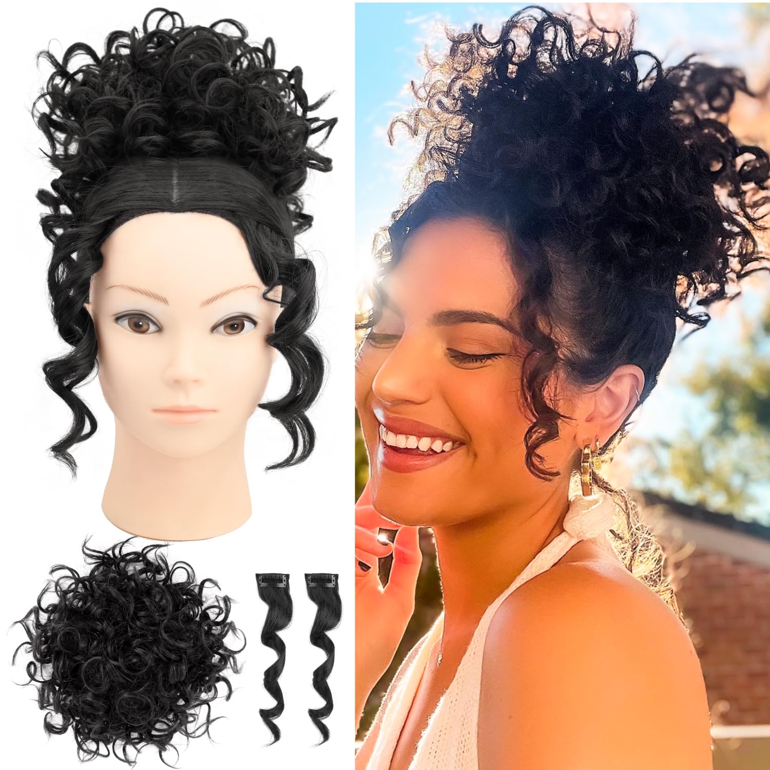 Loose Curls With Curtain Bangs Messy Hair Bun Hairpiece With Bangs