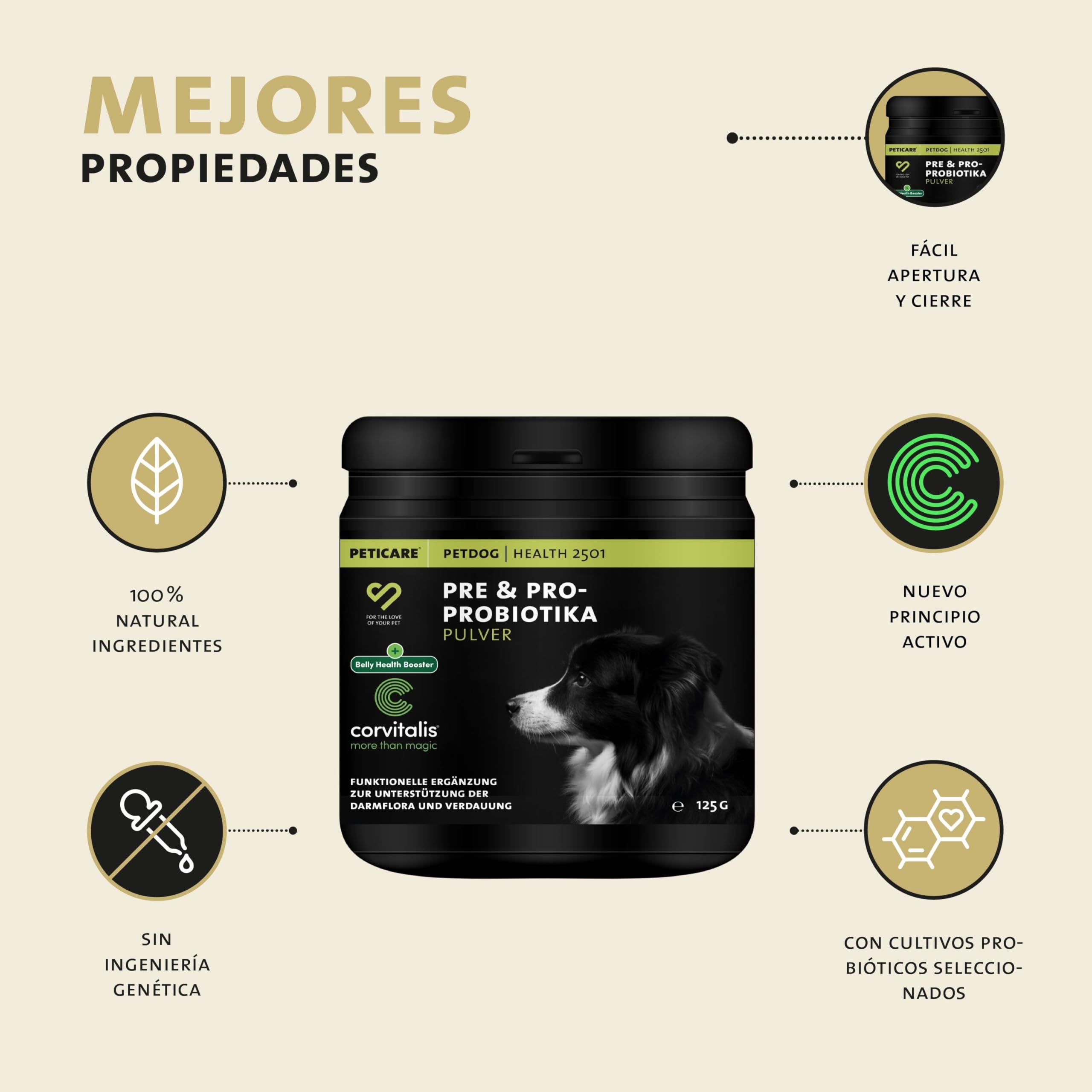 Peticare Perros Prebiótico y Probiótico - Fortalecer Sistema Inmunológico, Restauración Tripas, Construir Flora Intestinal, Alivia Susceptibilidad Alergias y Picores - petDog Health 2501