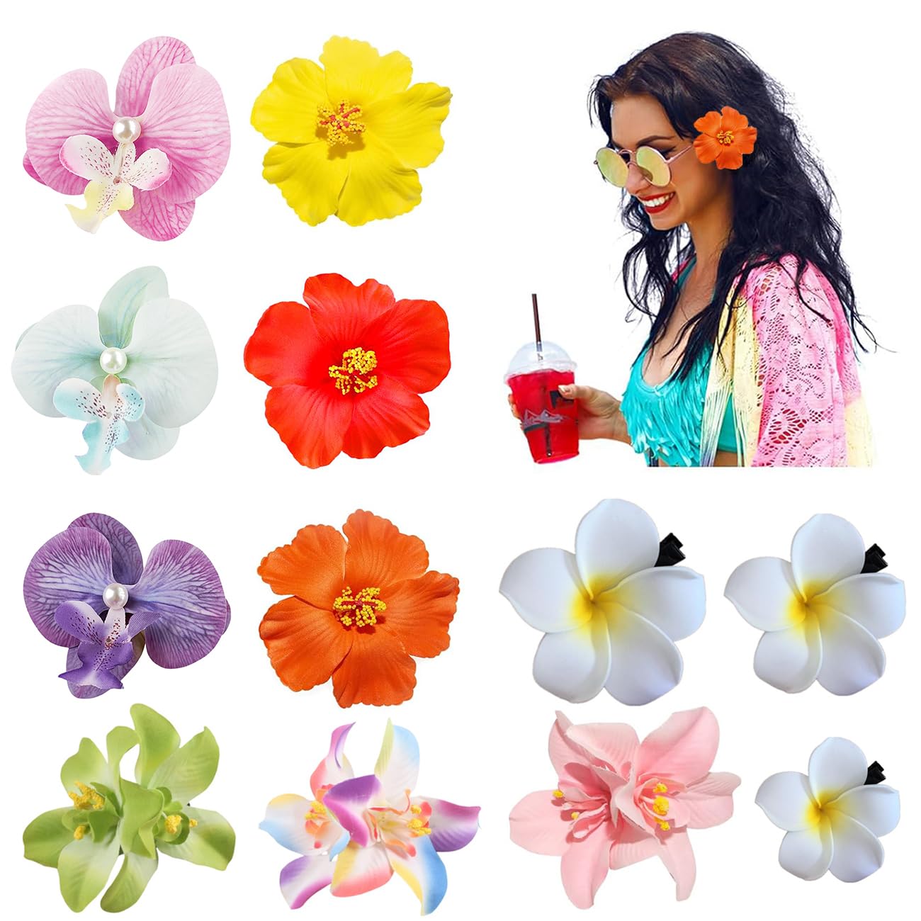 12 Pack Flower Clip for Women, Hawaiian Plumeria Hibiscus Hair Clips
